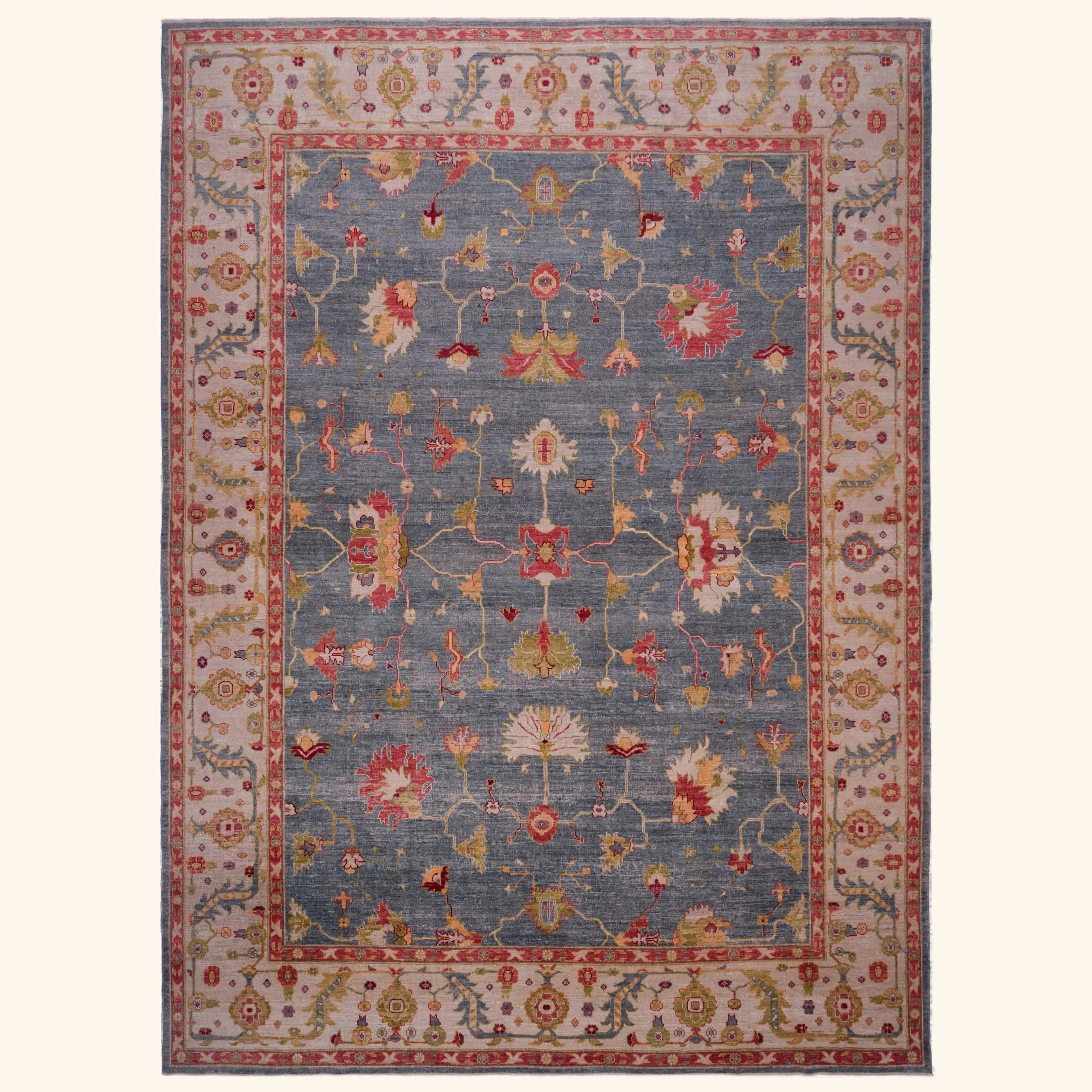 Blue and Red Oushak Angora Wool Rug - 13'7" x 17'