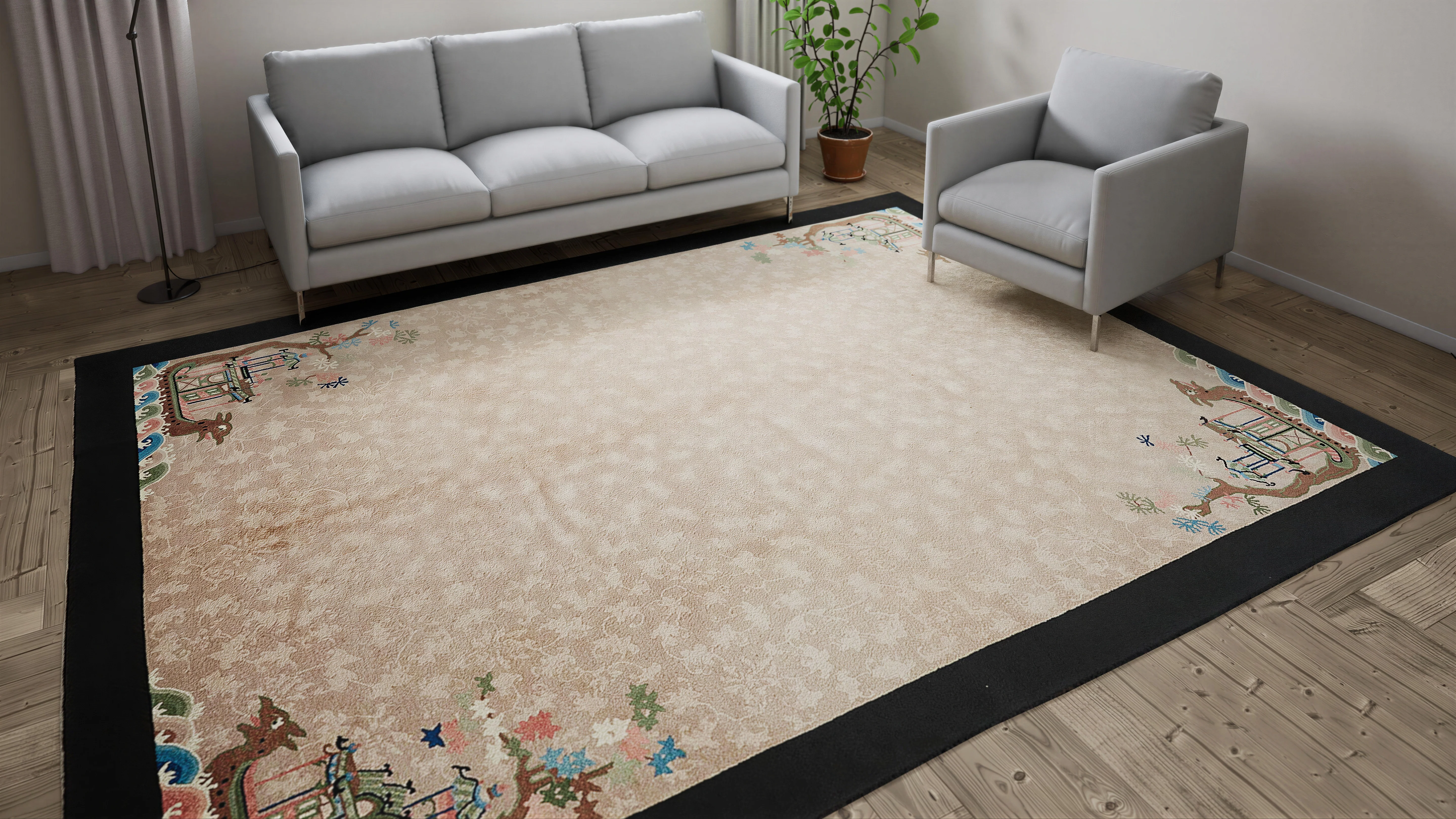 Beige & Black Antique Chinese Rug - 9'2" x 11'8" - Image 8