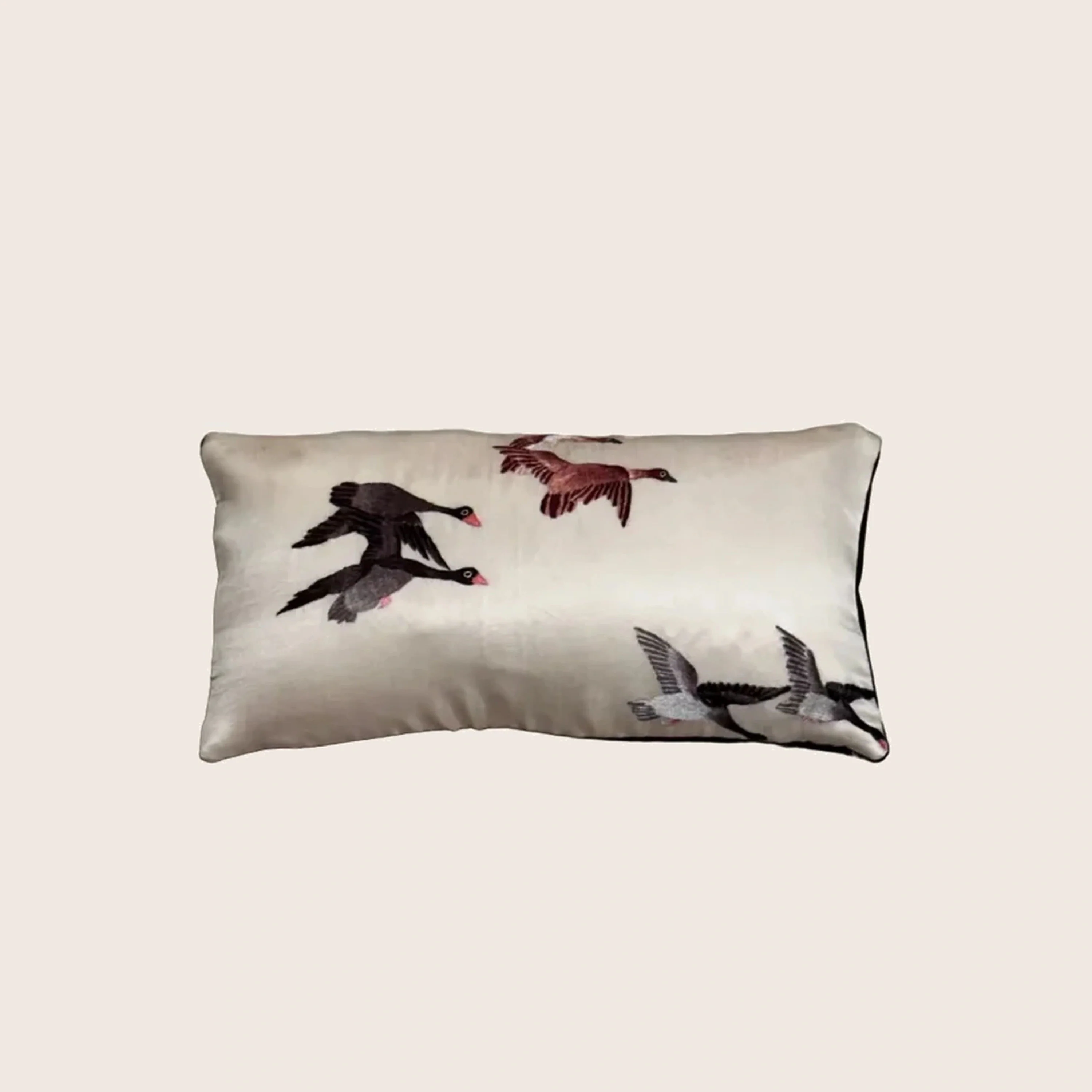 Antique Silk Embroidered Bird Lumbar Pillow