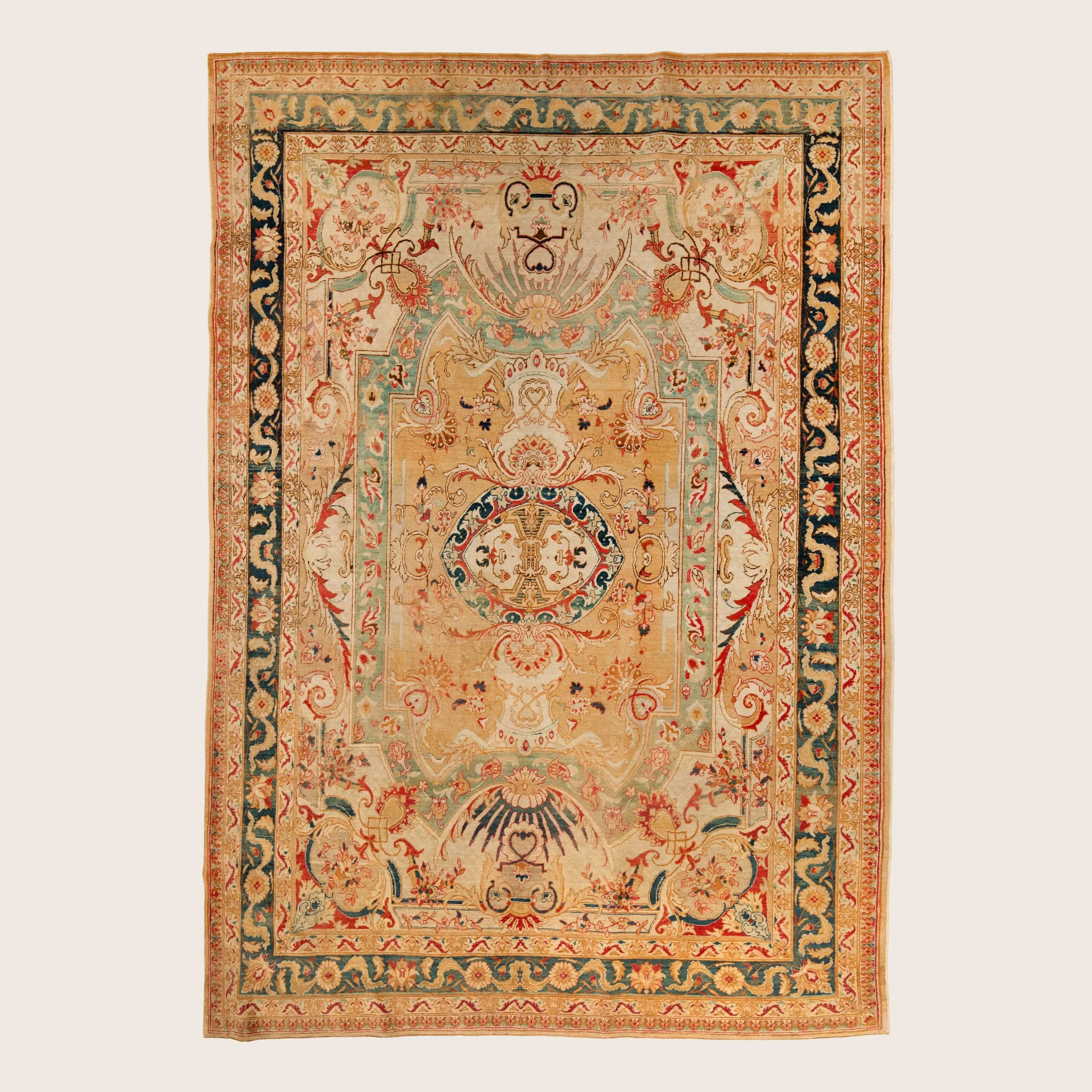 Beige Multicolored Antique Persian Tabriz Wool Rug - 7' x 10'