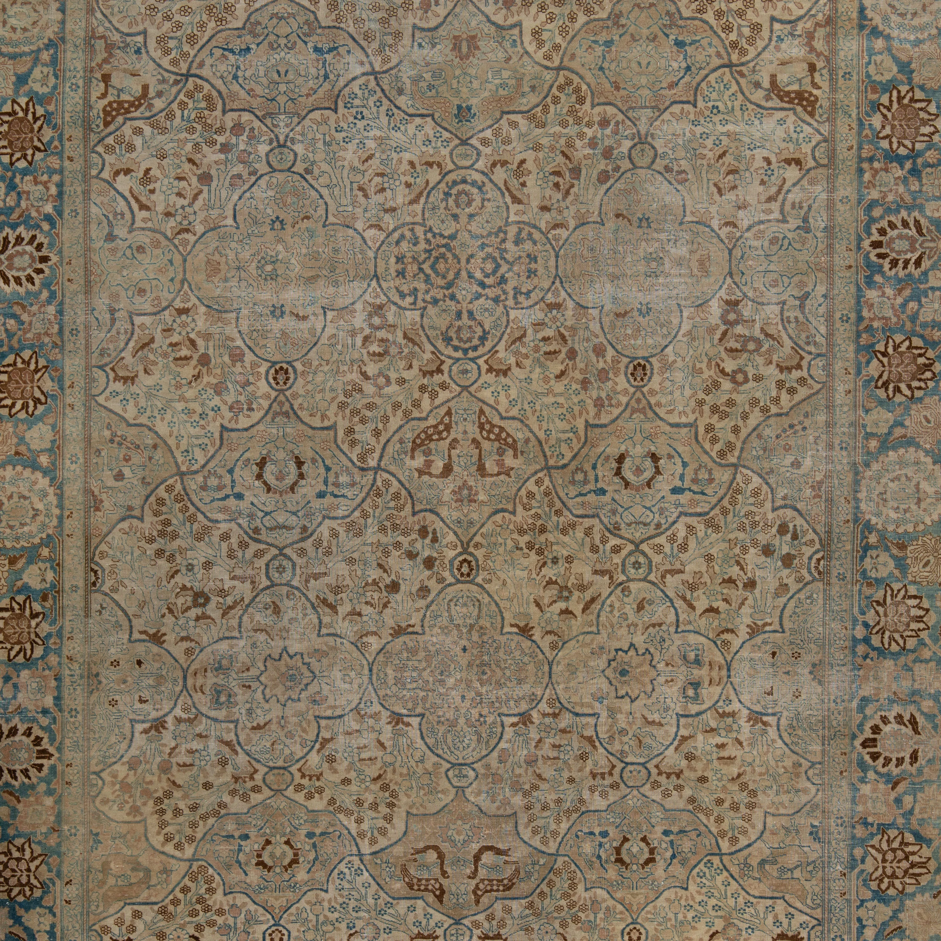 Cream & Blue Antique Persian Tabriz Rug - 8' x 11'6" - Image 2