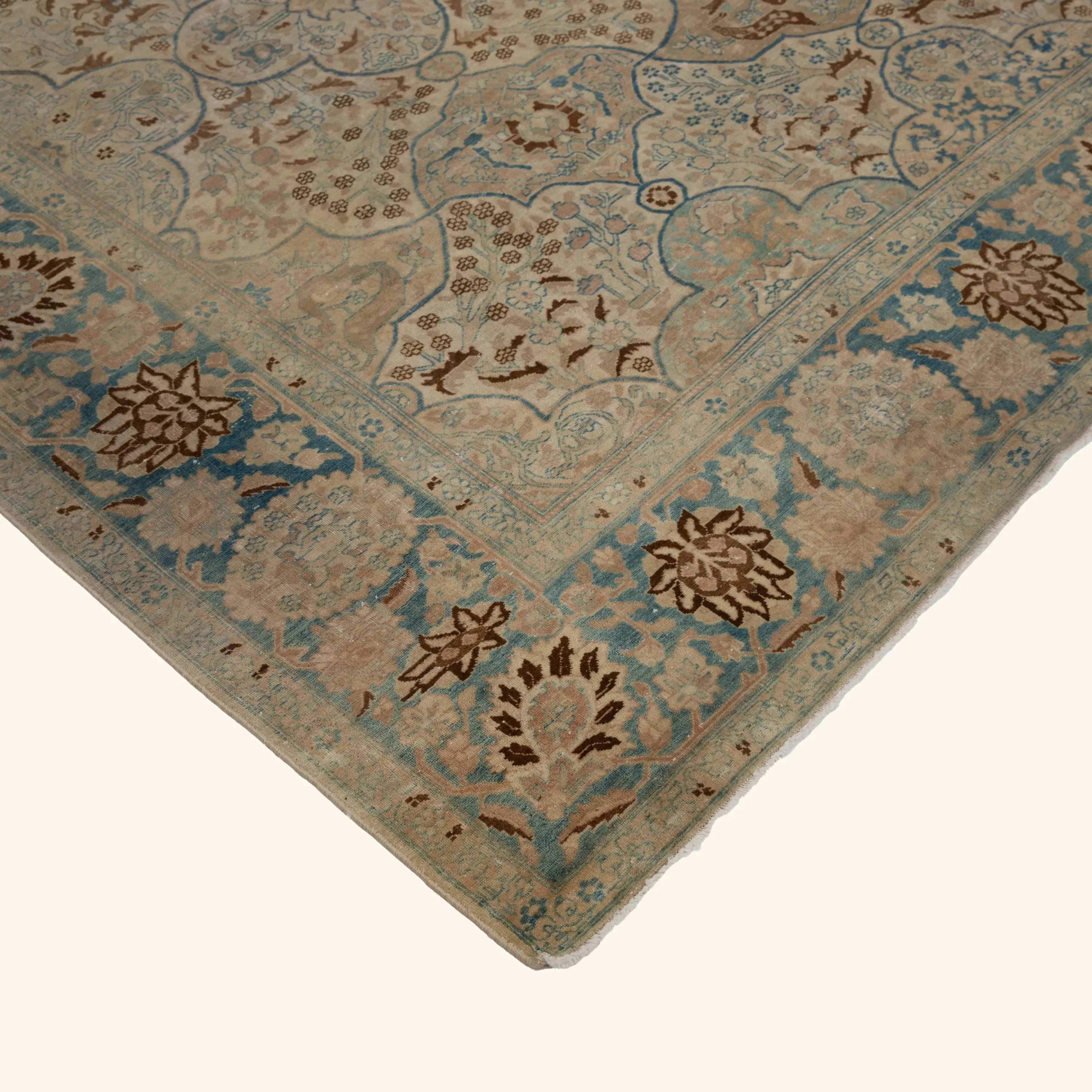 Cream & Blue Antique Persian Tabriz Rug - 8' x 11'6" - Image 3