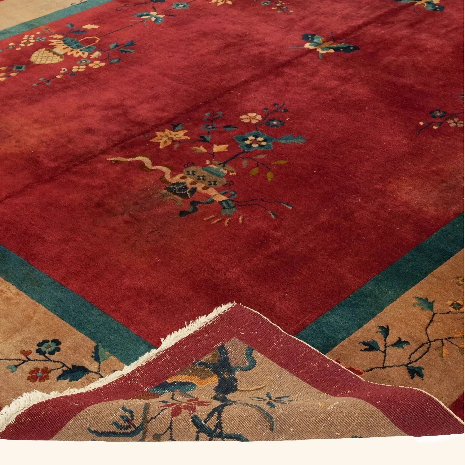 Red Chinese Vintage Art Deco Wool Rug - 9'10" x 15' - Image 4