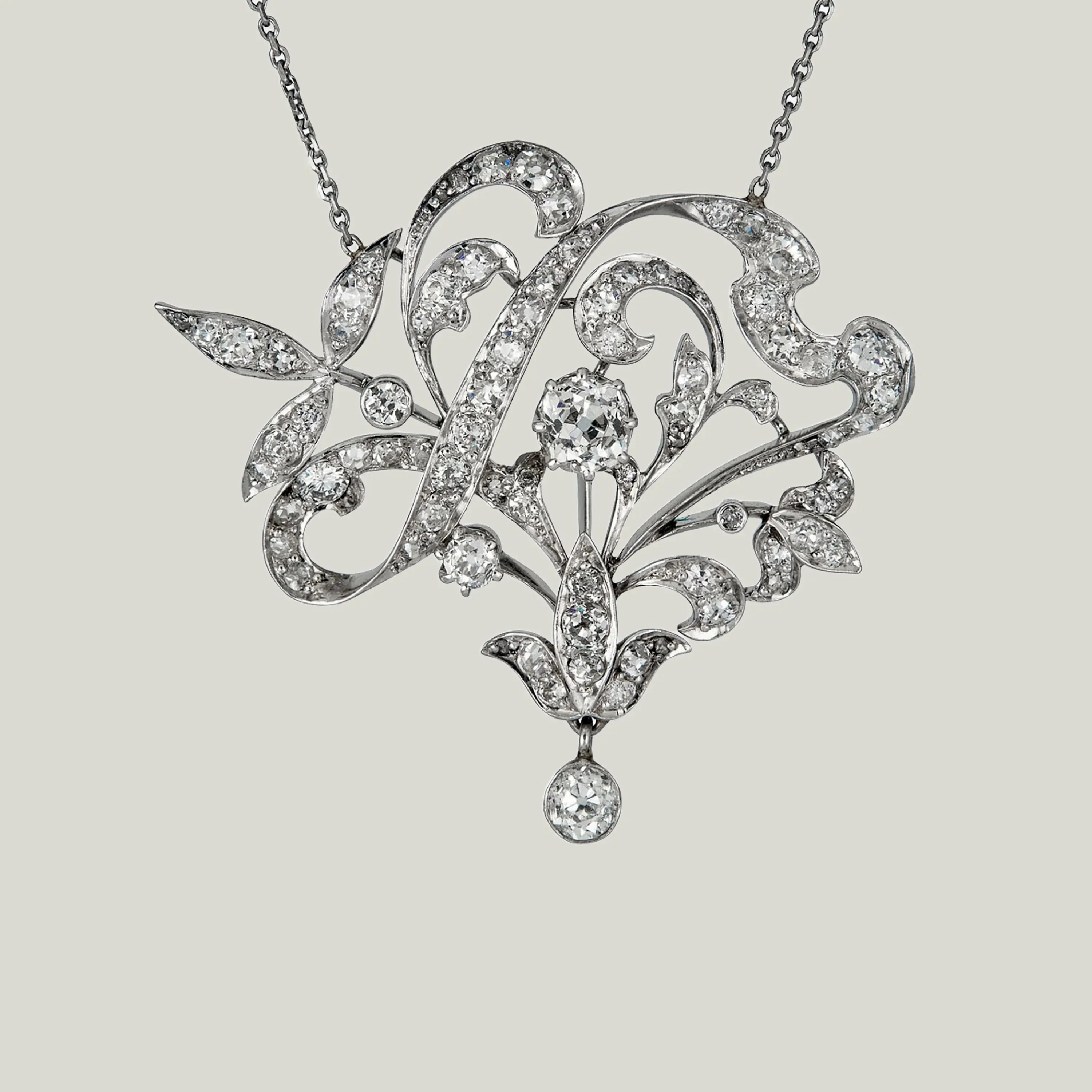 Art Nouveau Platinum Diamond Flora Pendant Necklace - Image 3