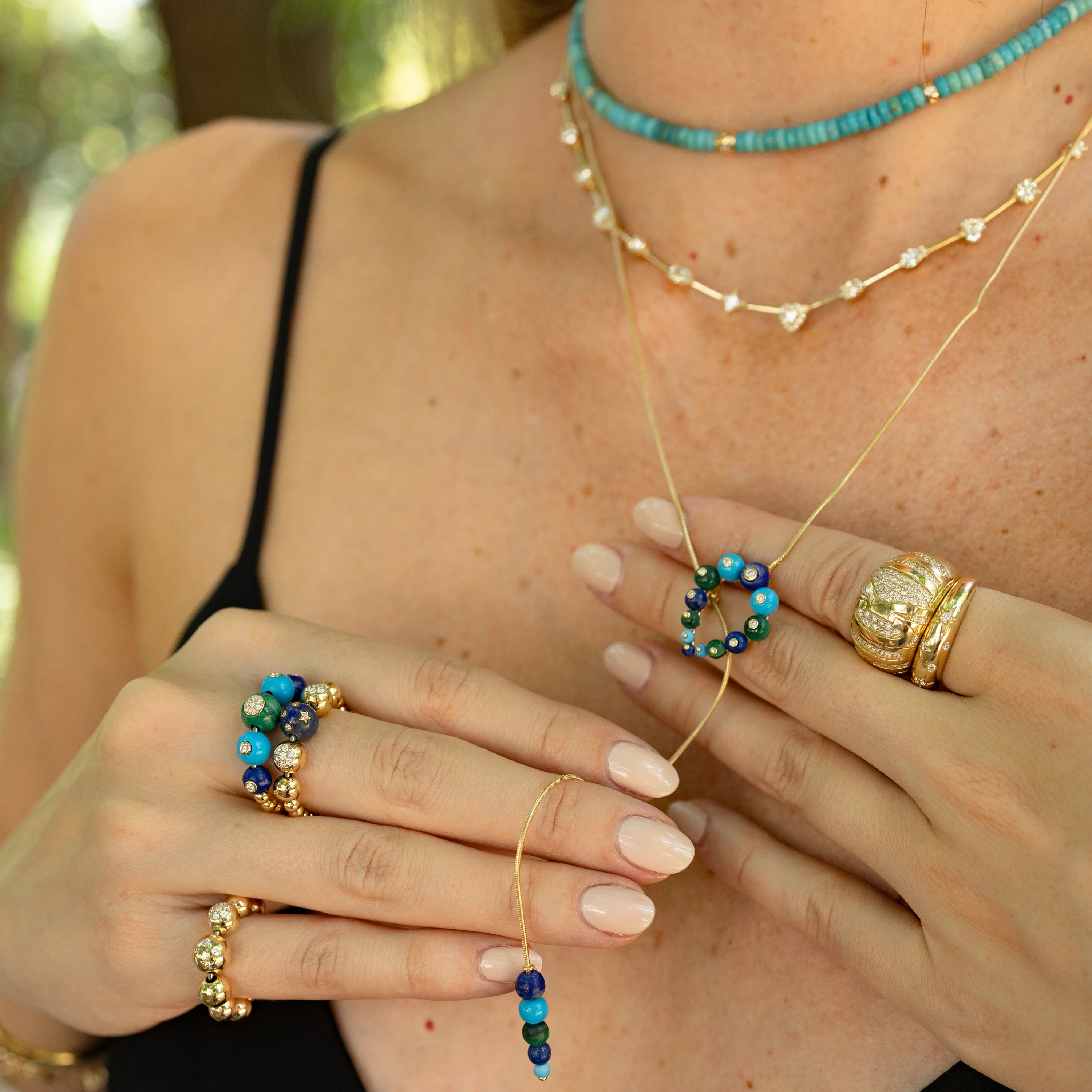 Beaded Bubbles Stack Ring, Yellow Gold, Malachite, Lapis, Turquoise, Size 7 - Image 2