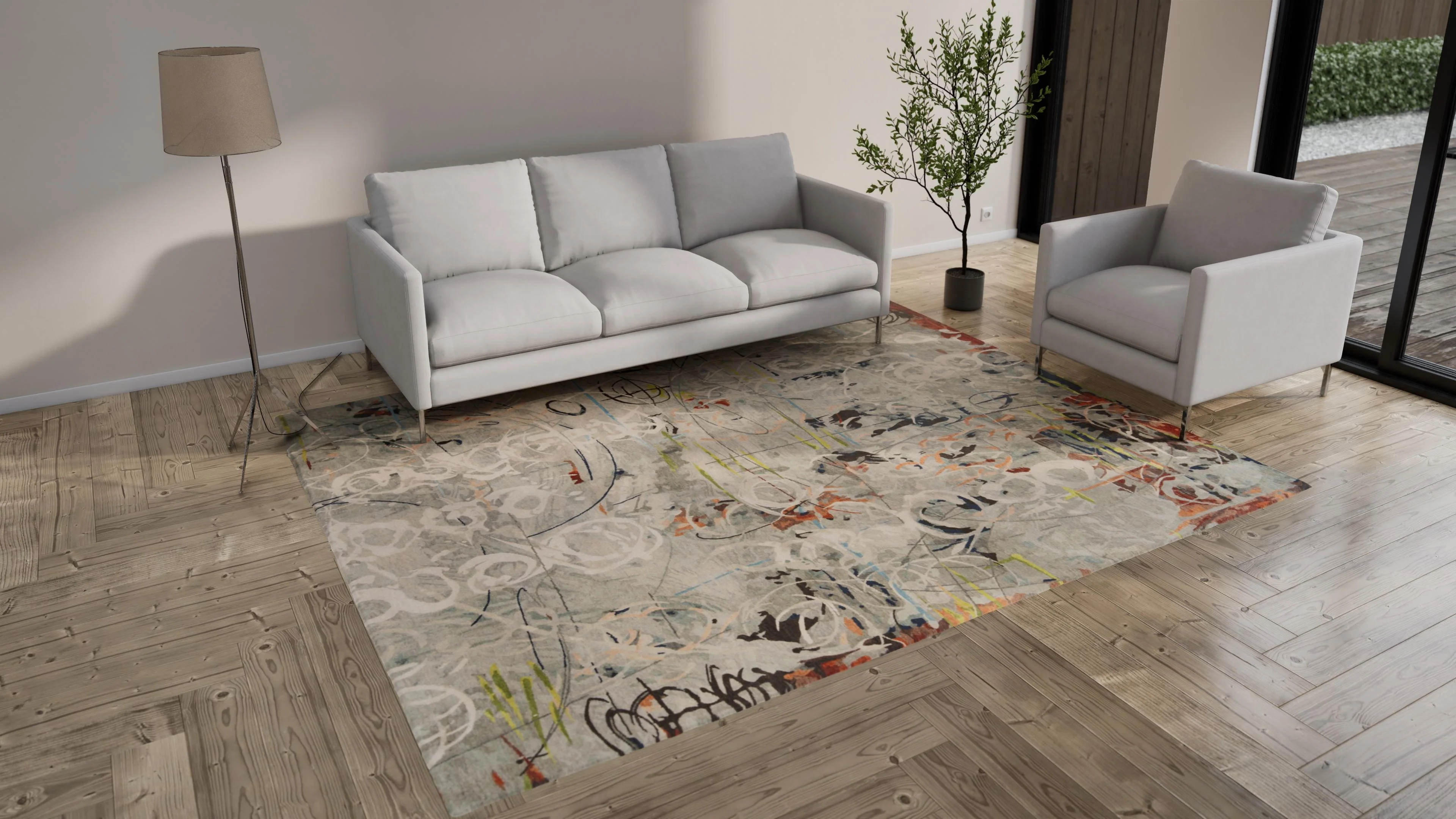 Grey Aurora Tibetan Contemporary Graffiti Wool & Silk Rug - 8' x 10' - Image 8