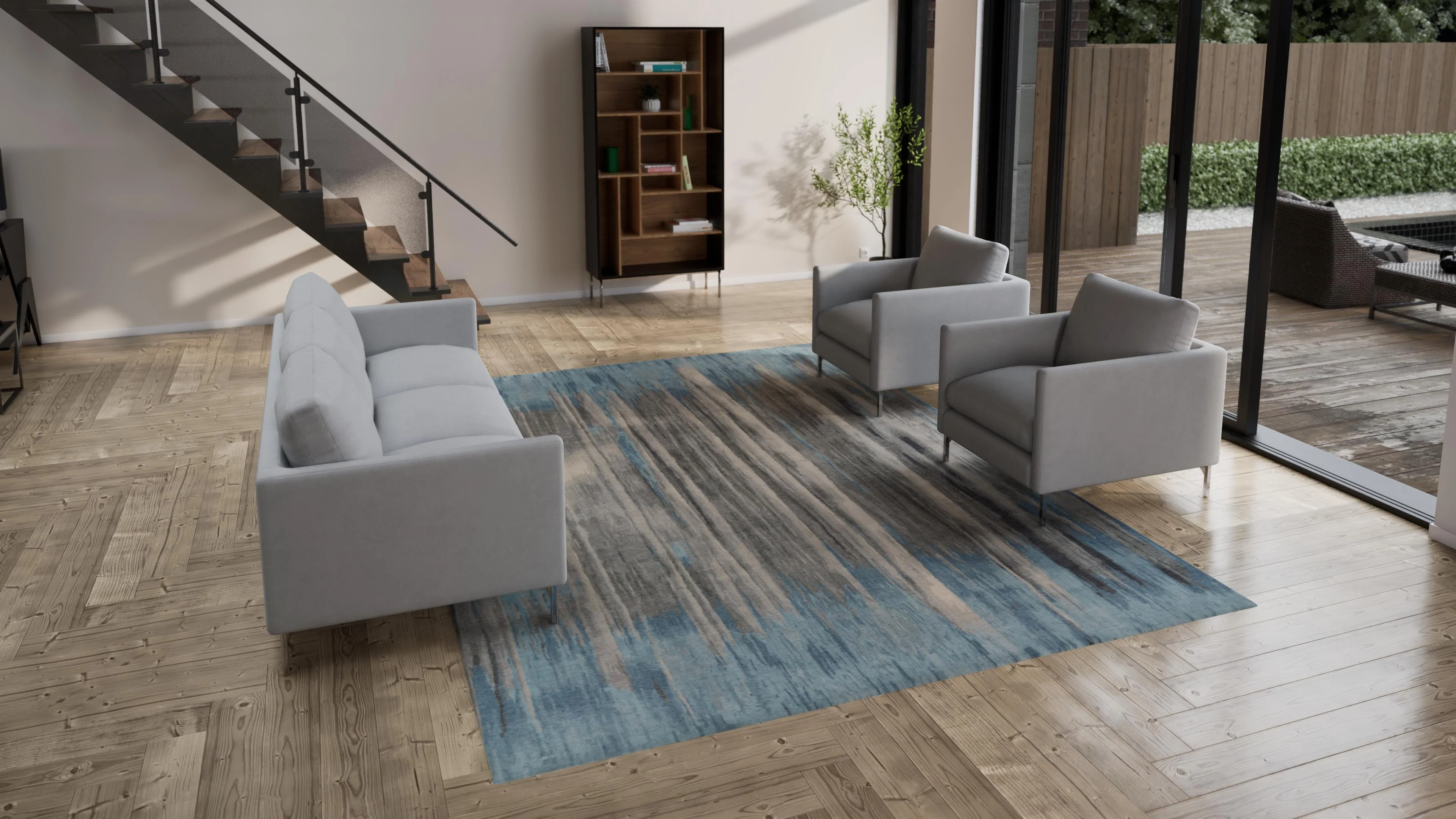 Blue & Grey Aurora Tibetan Modern Silk Blend Rug - 9' x 12' - Image 3