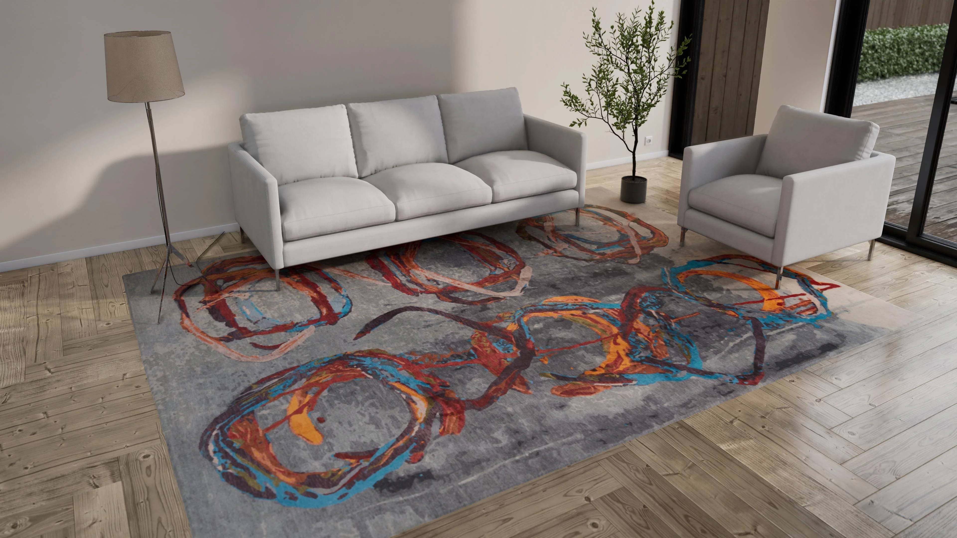Blue & Red Aurora Tibetan Contemporary Wool & Silk Rug - 9' x 12' - Image 8
