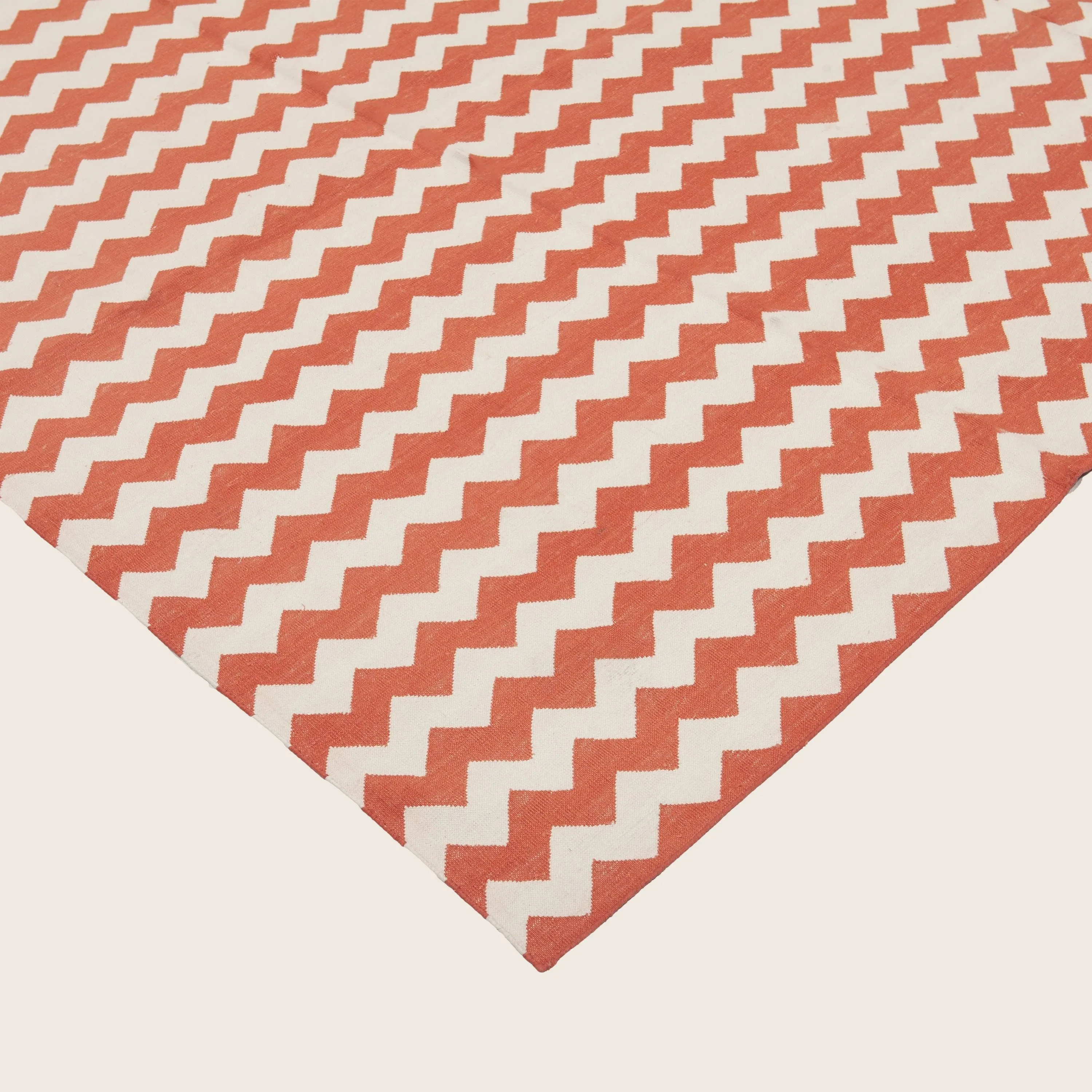 Orange & White Chevron Dhurrie Cotton Rug - 10' x 14'18 - Image 3
