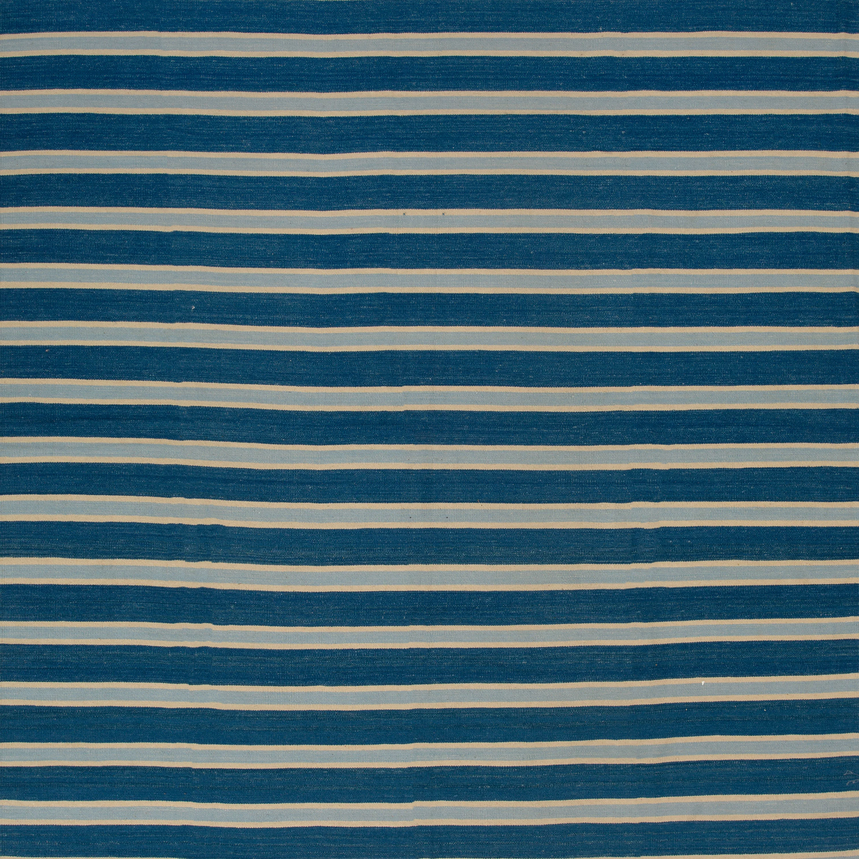 Blue Striped Dhurrie Wool Rug - 10' x 14' - Image 2