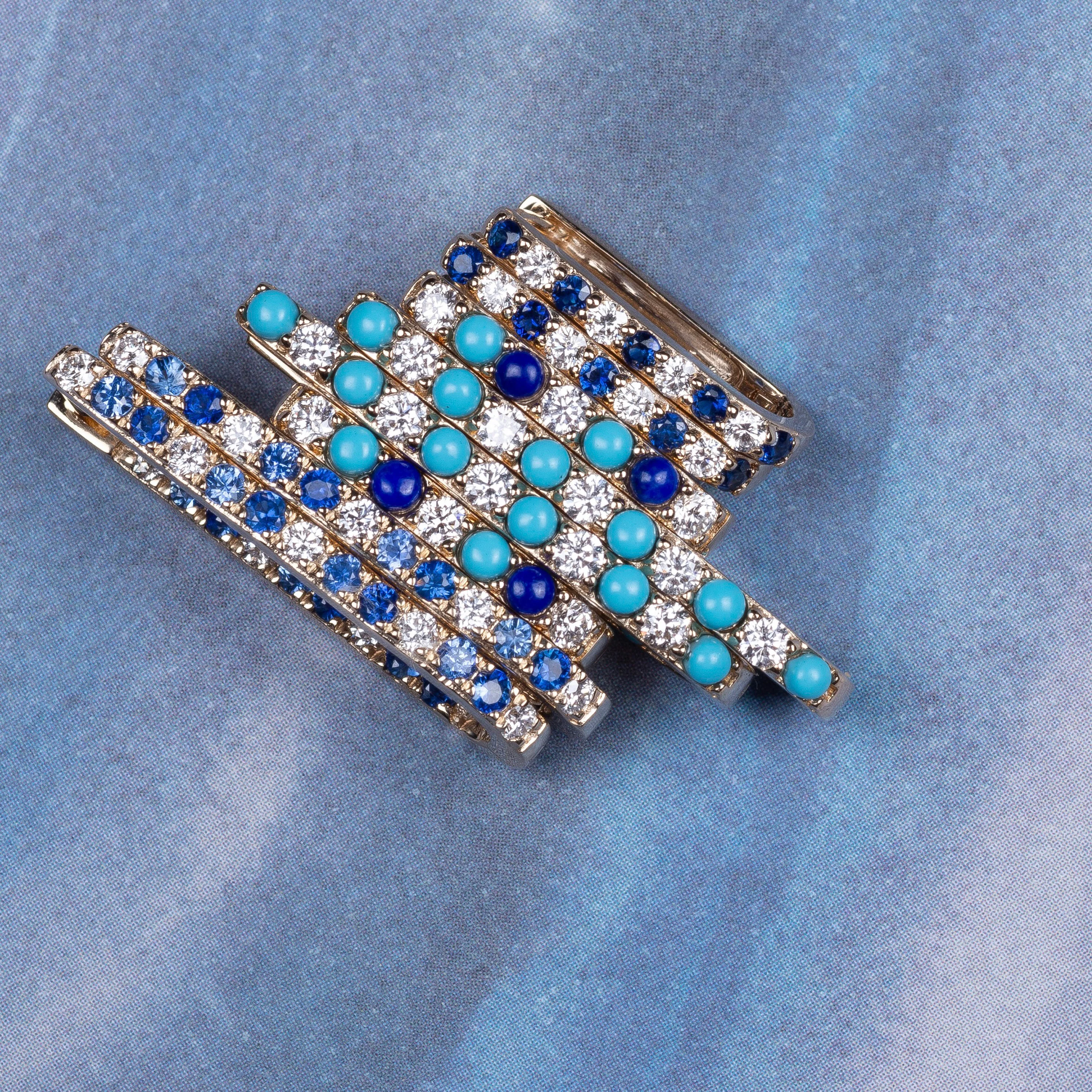 Diamond, Lapis + Turquoise Small Paperclip Hoop Earring - Image 2