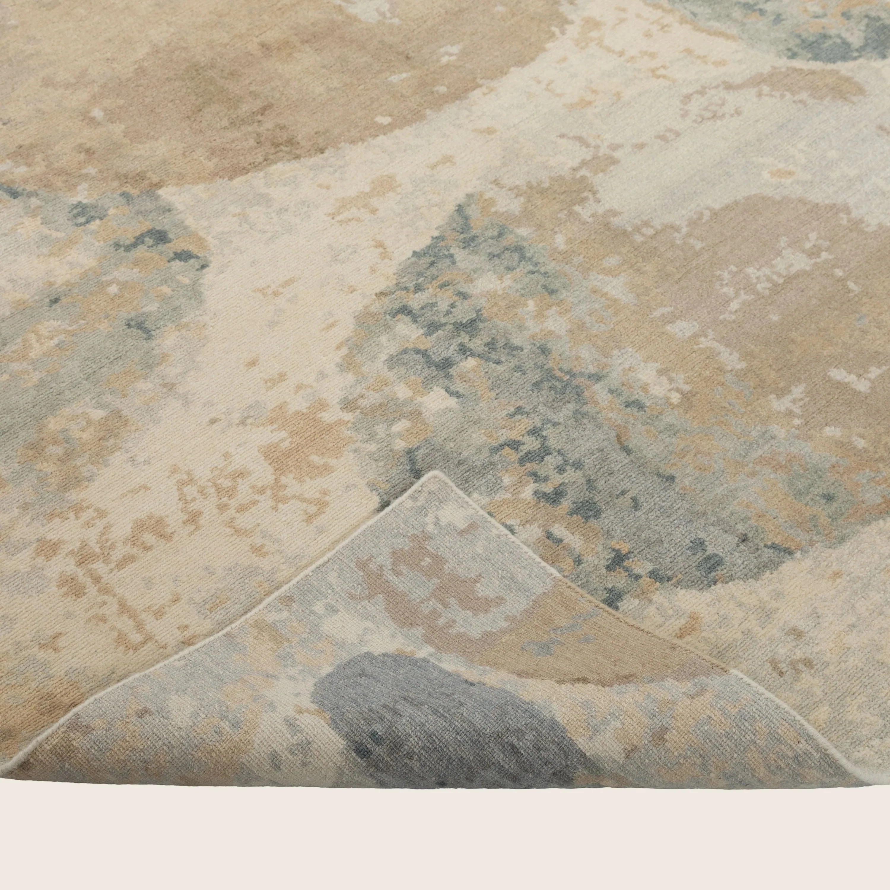 Beige & Blue Contemporary Tibetan Wool Silk Blend Rug - 8' x 10' - Image 3