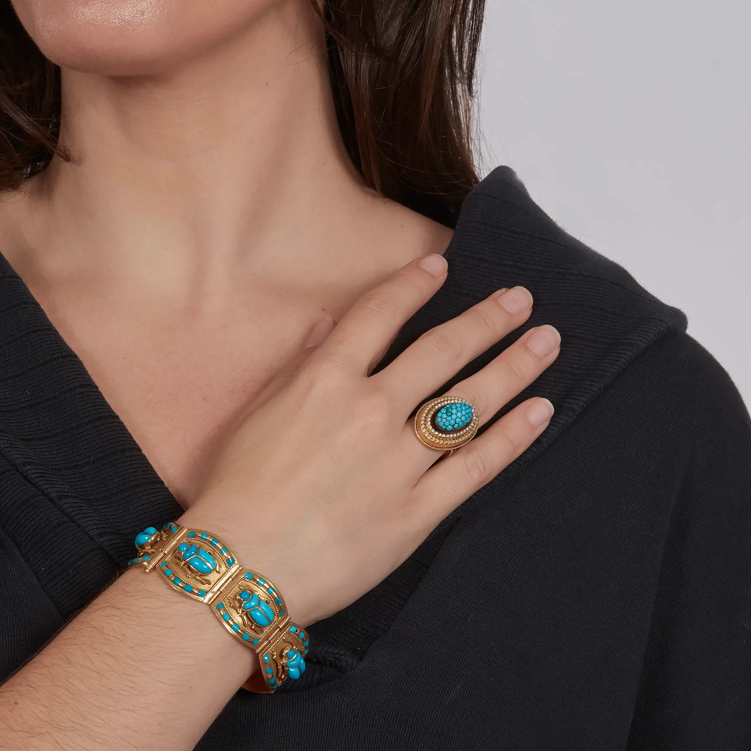 Egyptian Revival Glass and Gold Scarab Bracelet, circa 1970. - Image 4