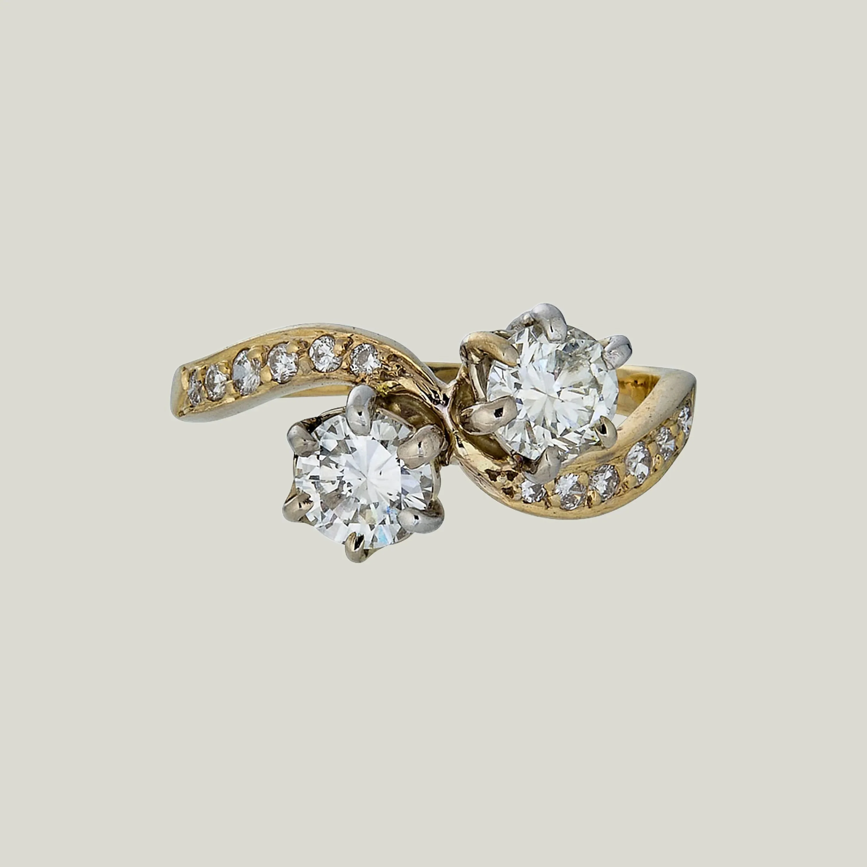 French Victorian 18K Yellow Gold Diamond Bypass Ring