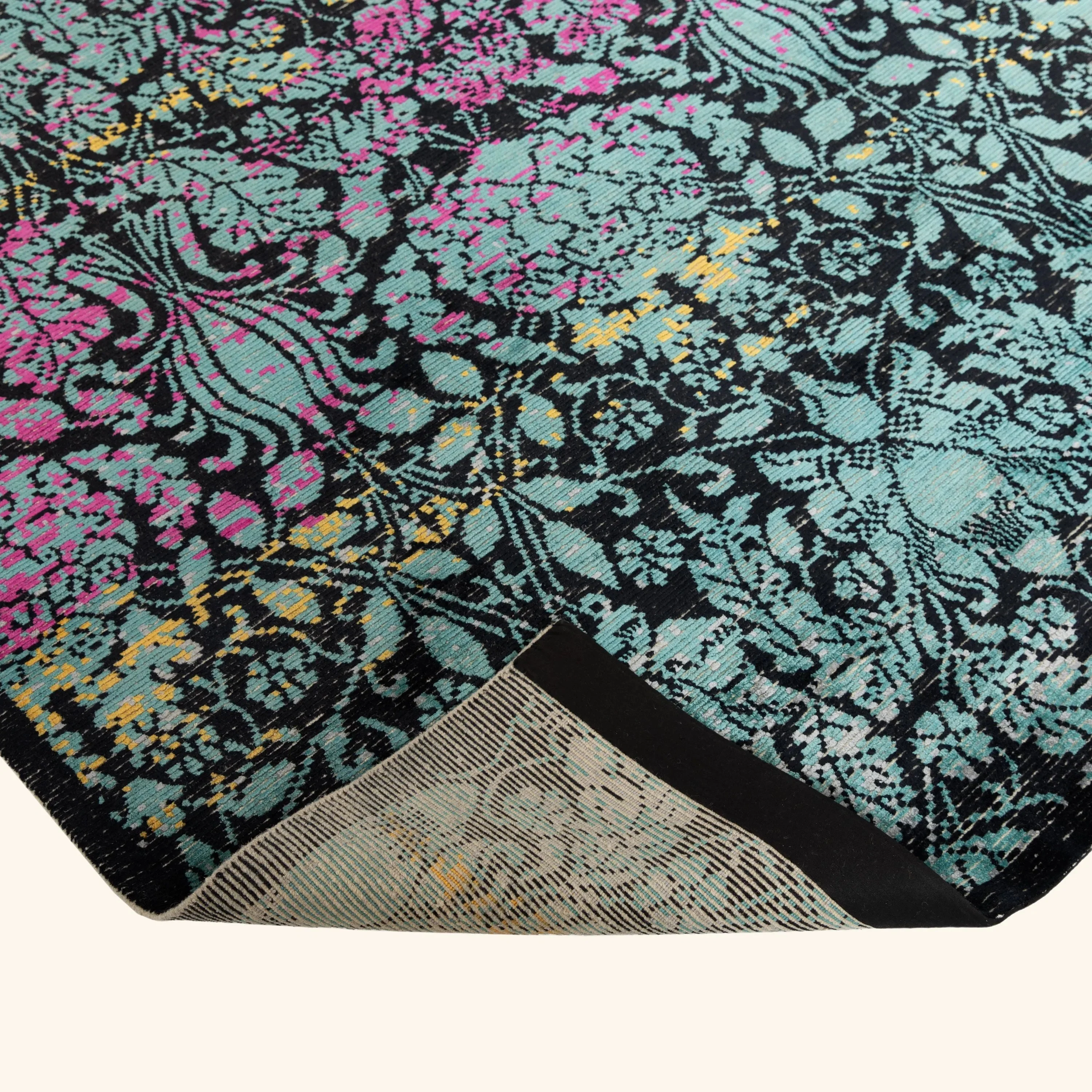 Blue & Pink Contemporary Tibetan Silk Wool Blend Rug - 8' x 10'2" - Image 4