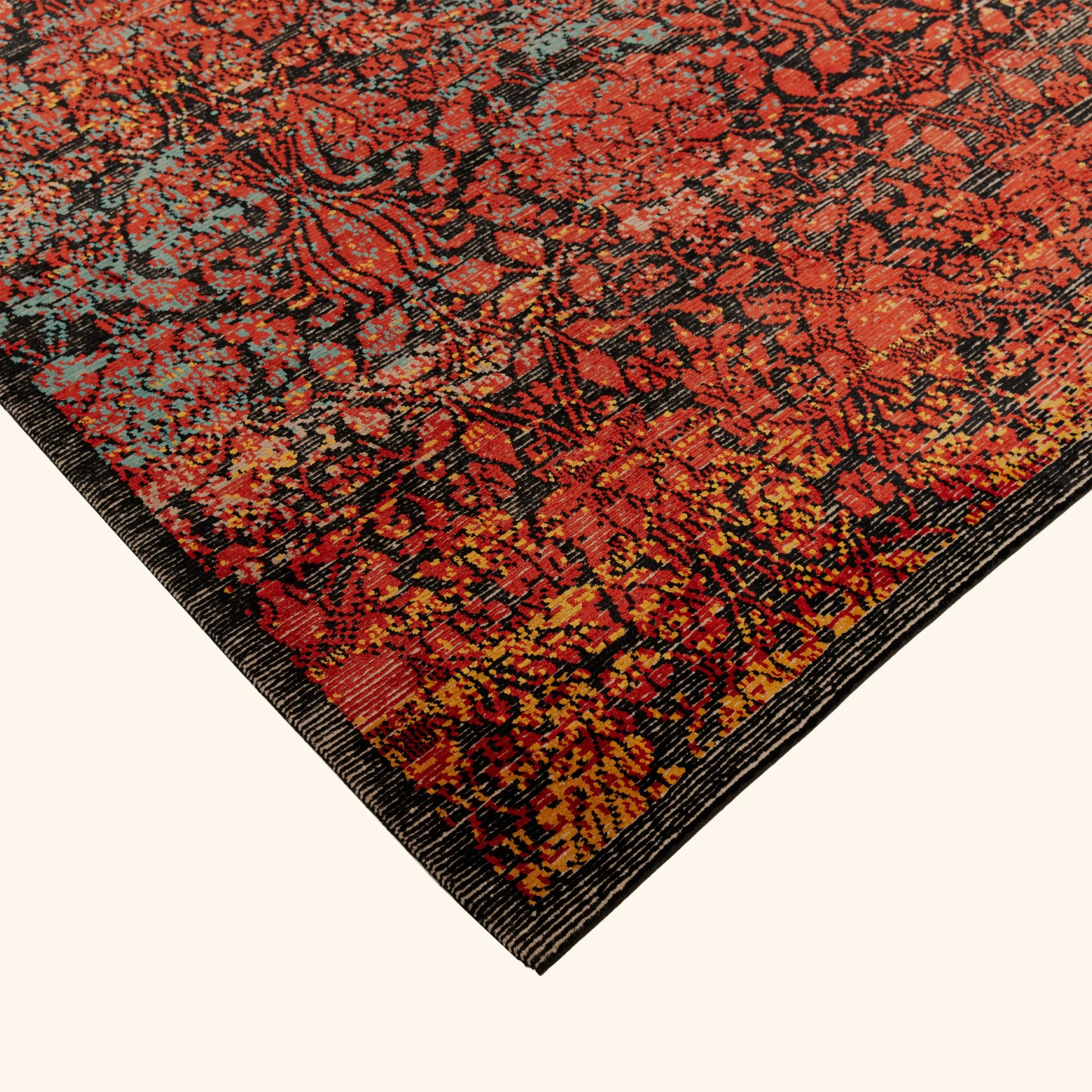 Red & Black Contemporary Tibetan Silk Wool Blend Rug - 8' x 10'1" - Image 3