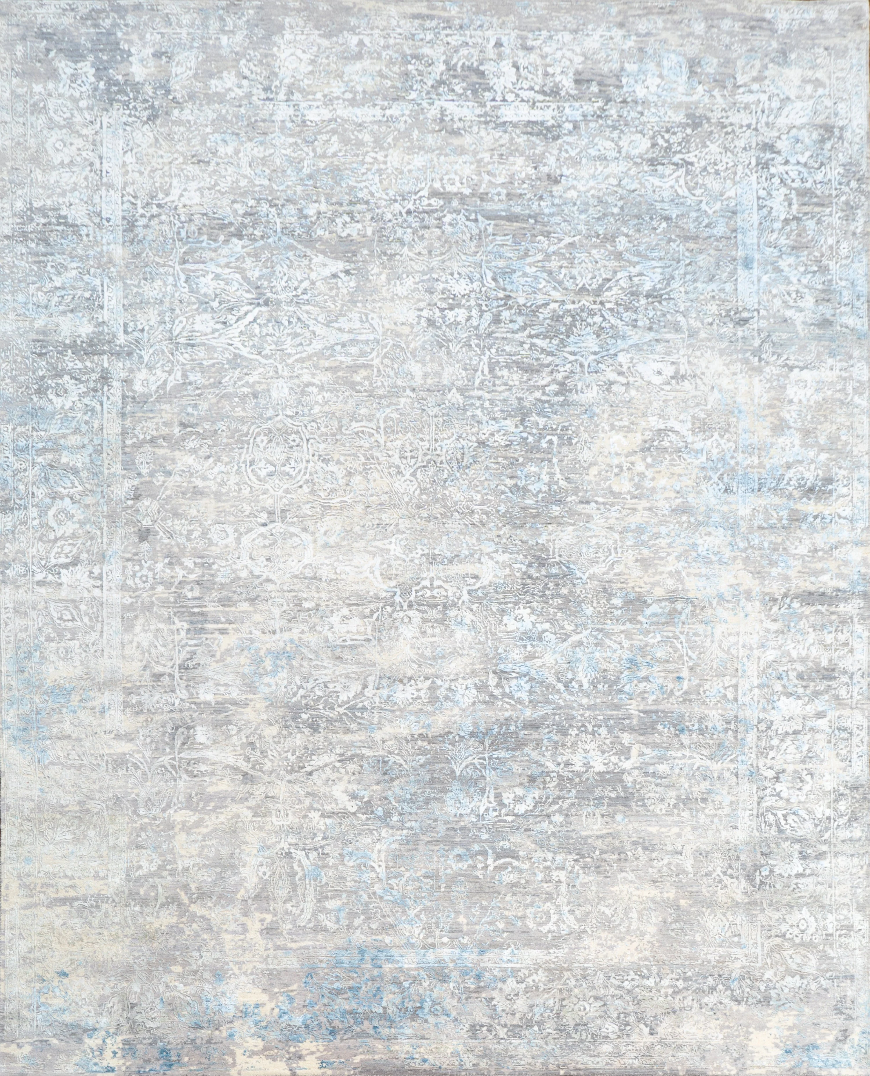 Ivory Teal Traditional Silk Wool Blend Rug - 9'10" x 13'9" - Image 2