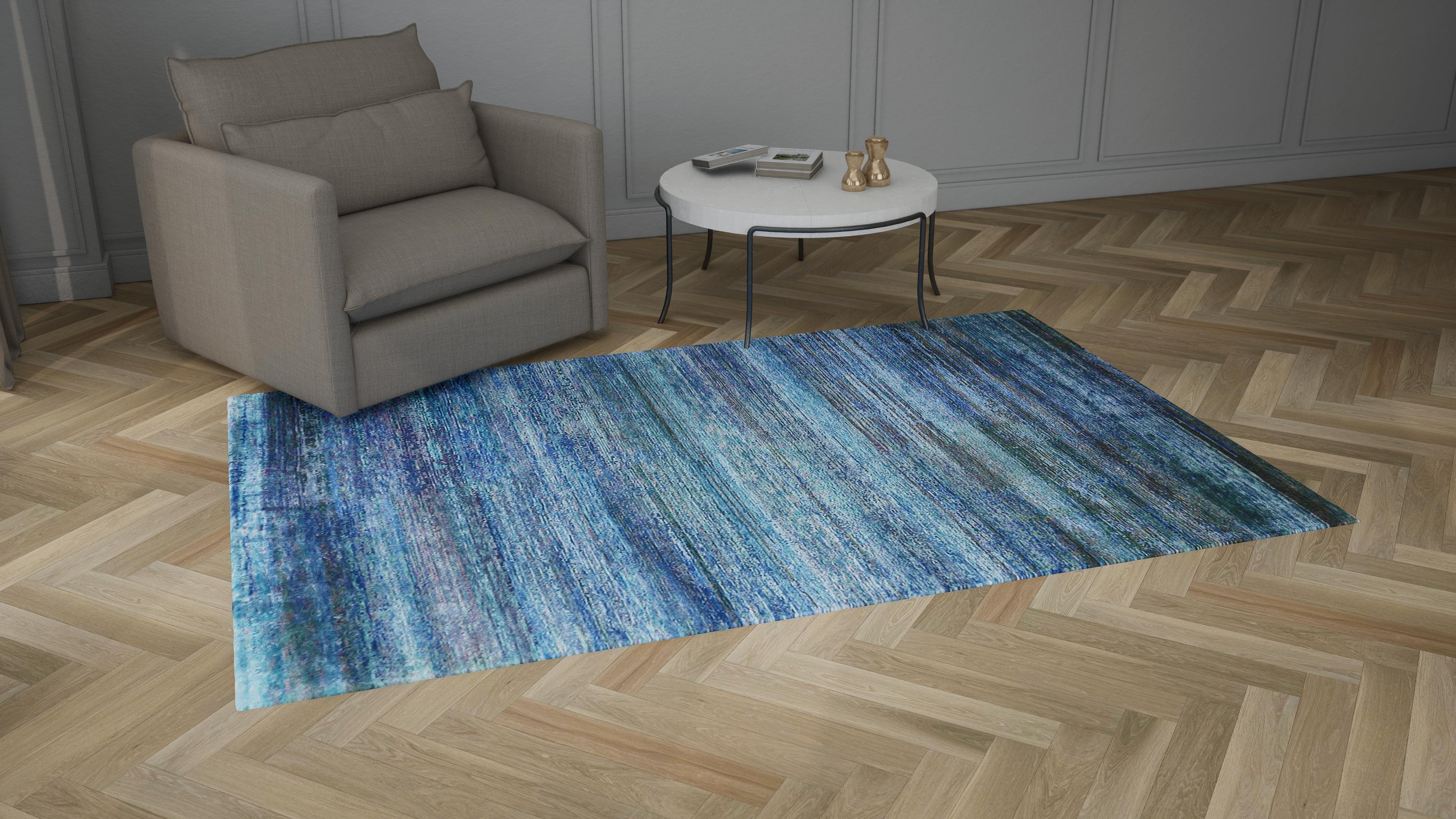 Blue Sabideh Nu Vibrant Modern Wool Silk Blend Tibetan Rug - 6' x 9'2" - Image 6