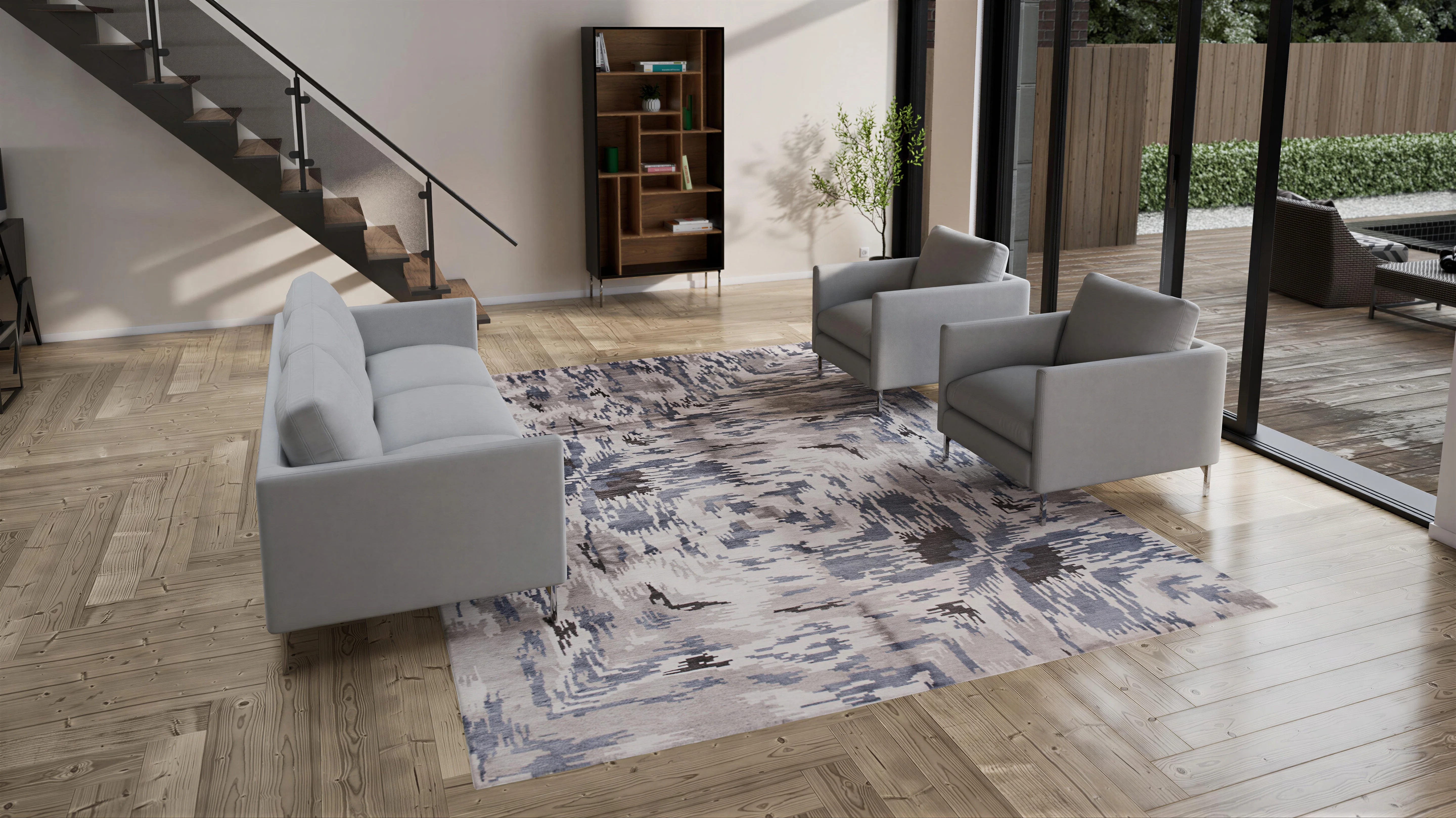 Grey & Blue Modern Wool Blend Rug - 9'4" x 12'3" - Image 3