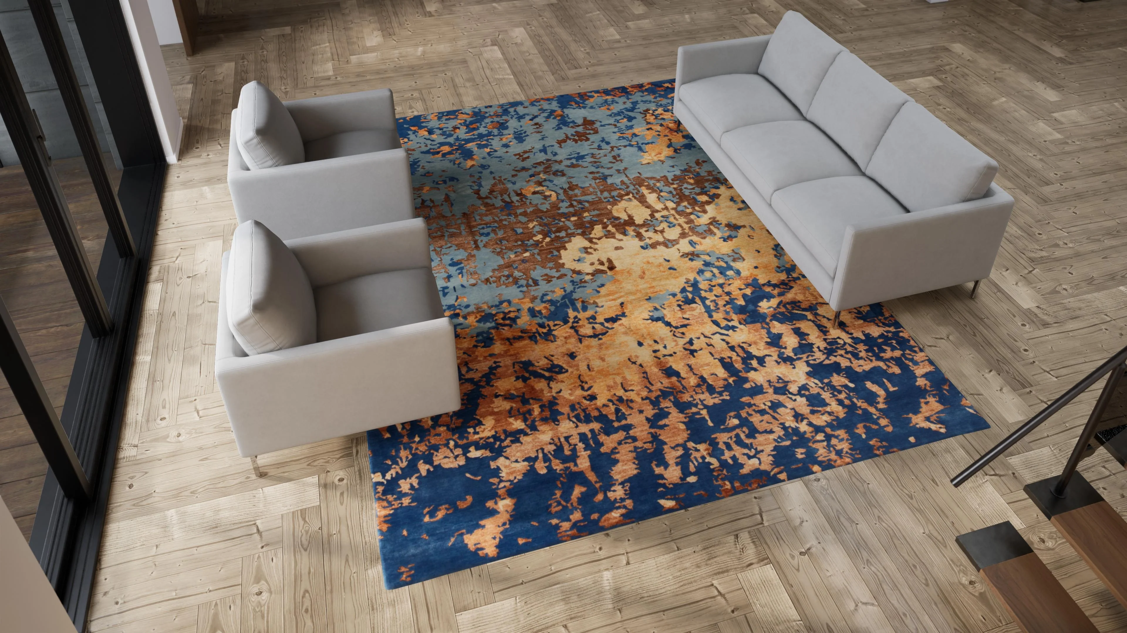 Blue & Gold Modern Wool Rug - 9'3" x 12'1" - Image 7