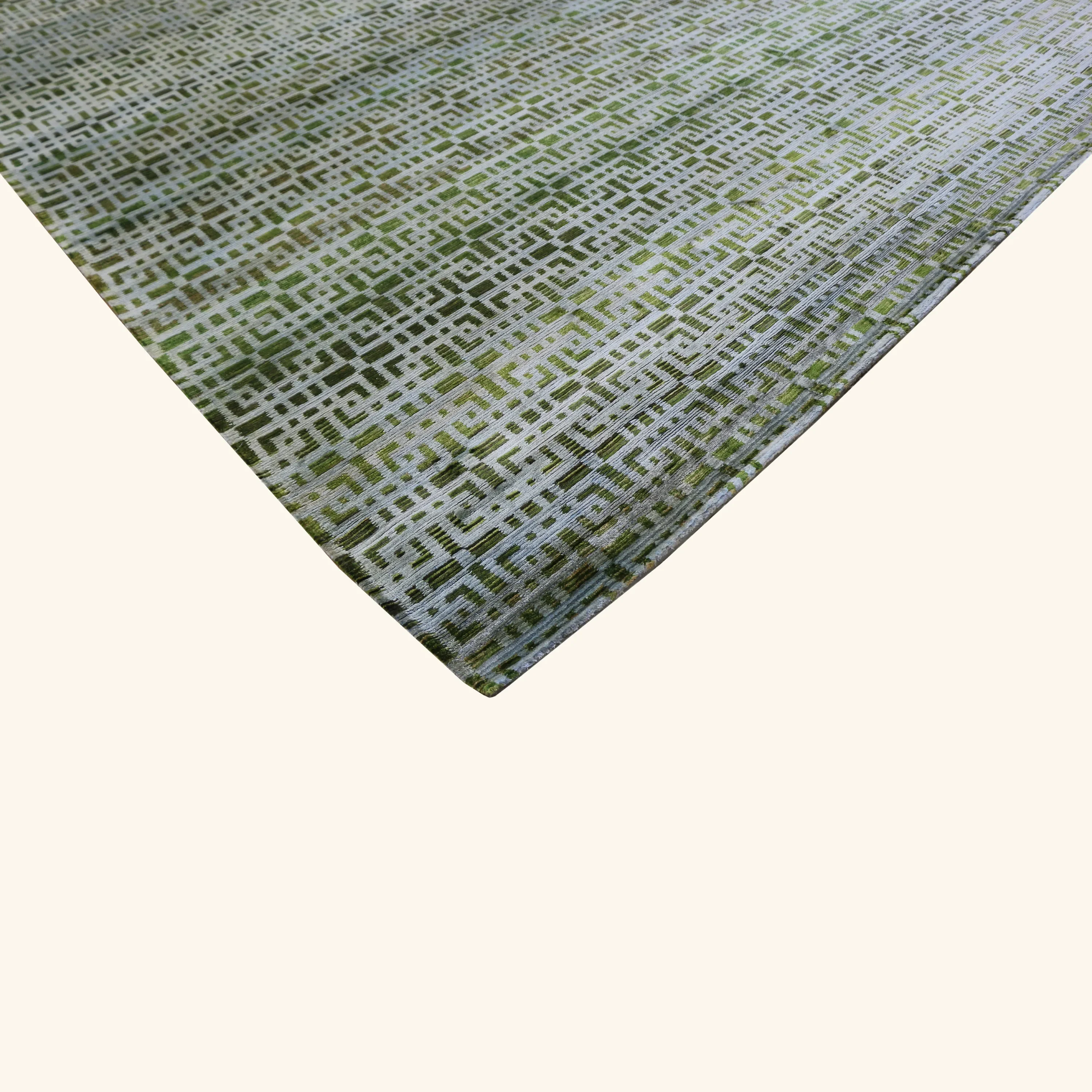 Green Sabideh Nu Vibrant and Grey Tibetan Geometric Silk Rug - 9' x 12' - Image 5
