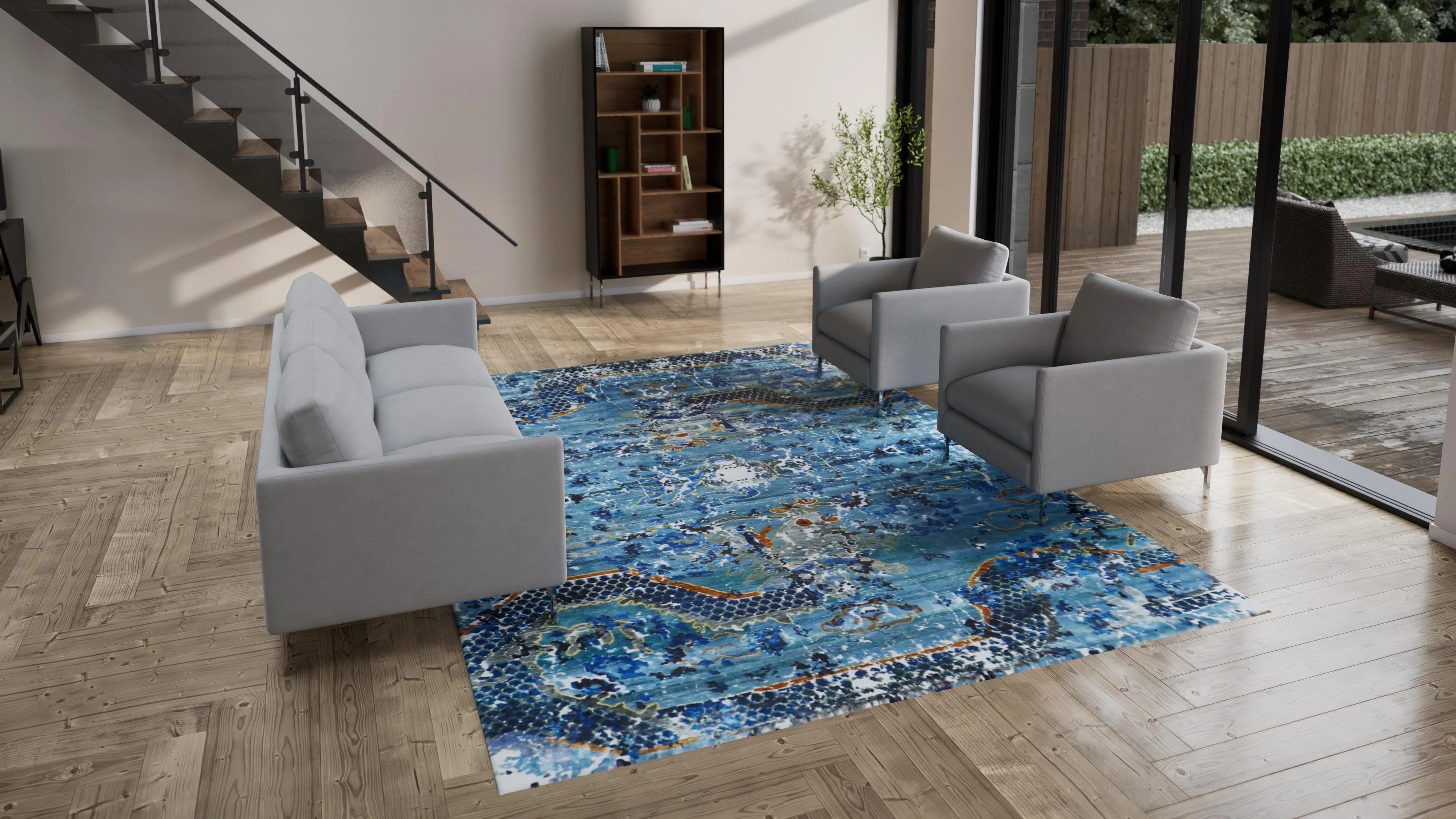 Blue Sabideh Nu Vibrant Tibetan Silk Rug - 9' x 12'4" - Image 3