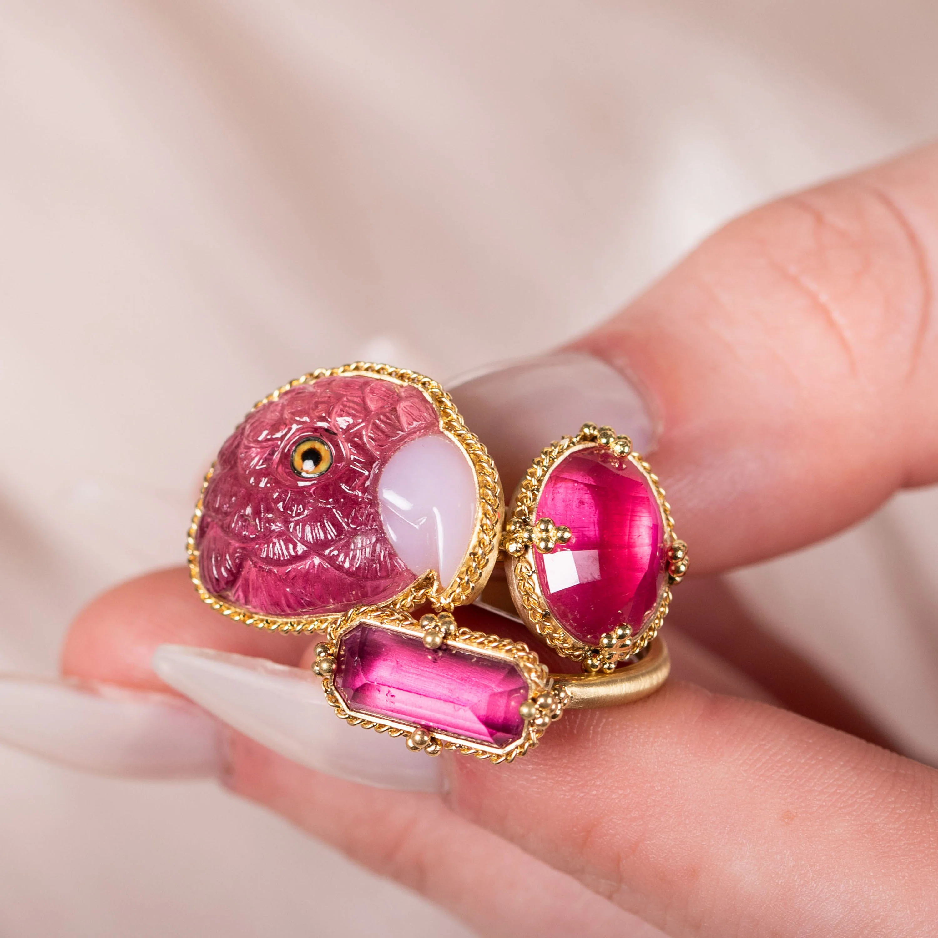 One of a Kind Tourmaline and Pink Opal Parrot Ring - Image 3