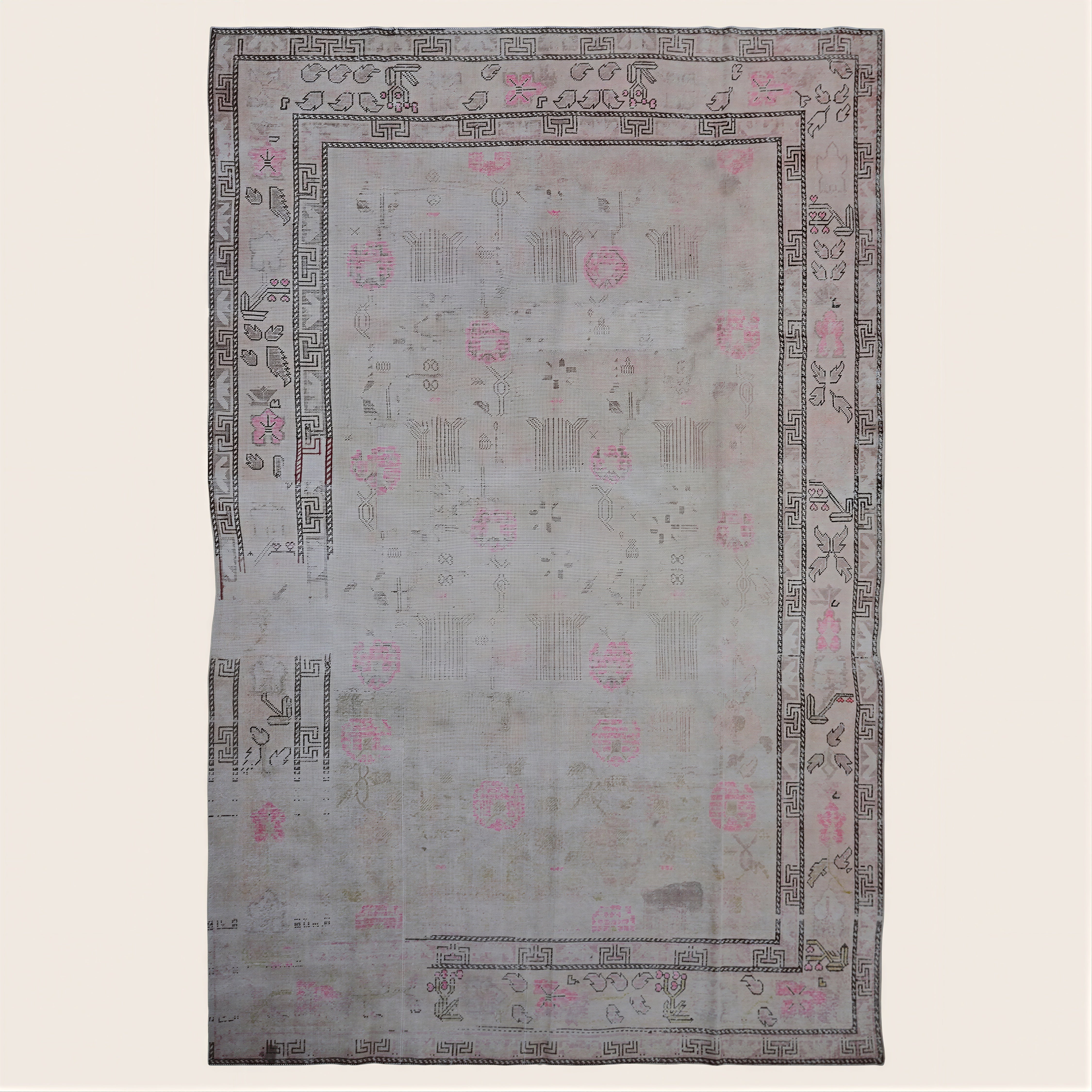 Grey & Pink Vintage Wool Cotton Blend Rug - 6'1" x 9'10"
