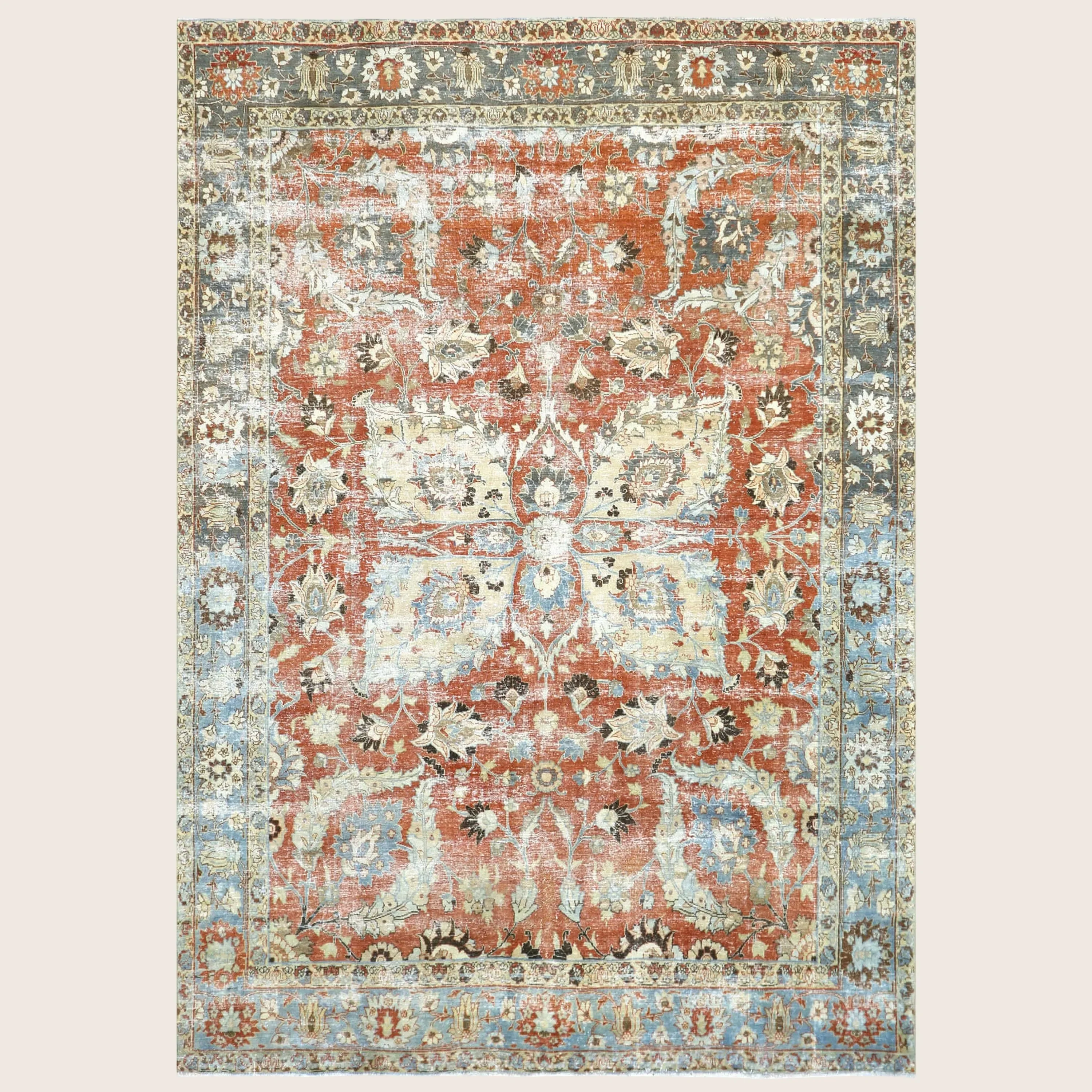 Red Blue Vintage Antique Traditional Tabriz Wool Rug - 8'8" x 12'3"