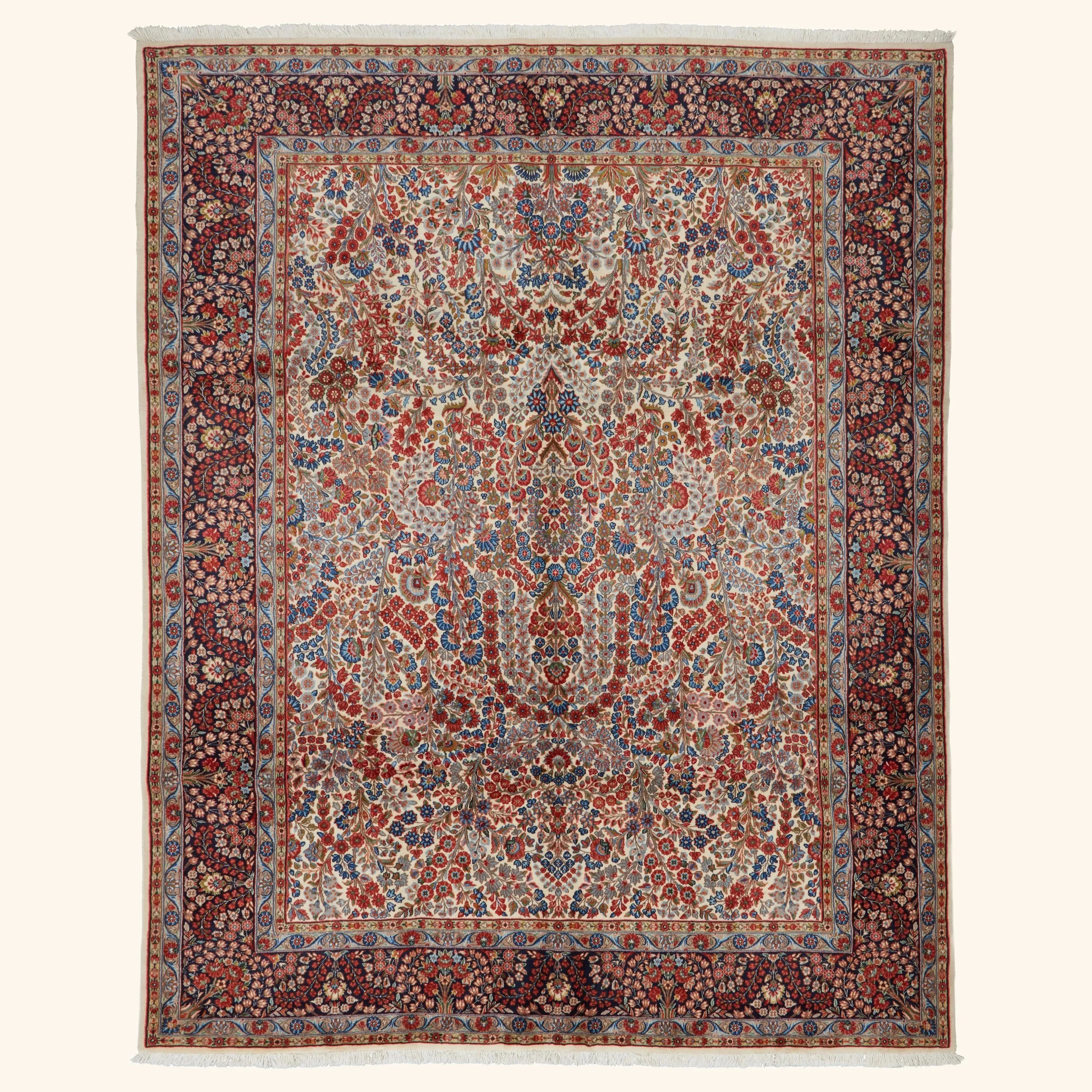 Red Traditional Persian Kerman Wool Rug - 7'3" x 9'