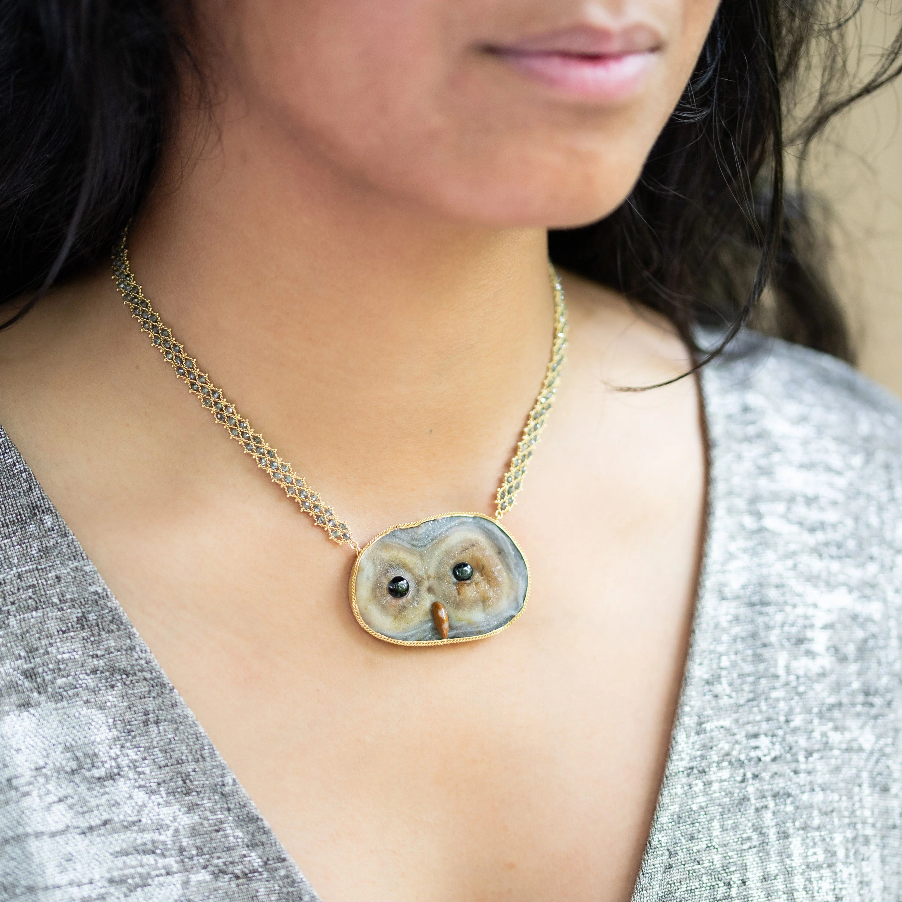 Sand Rose, Mother of Pearl, Onyx, Grey Diamond 18k One-of-a-Kind Owl Necklace - Image 2