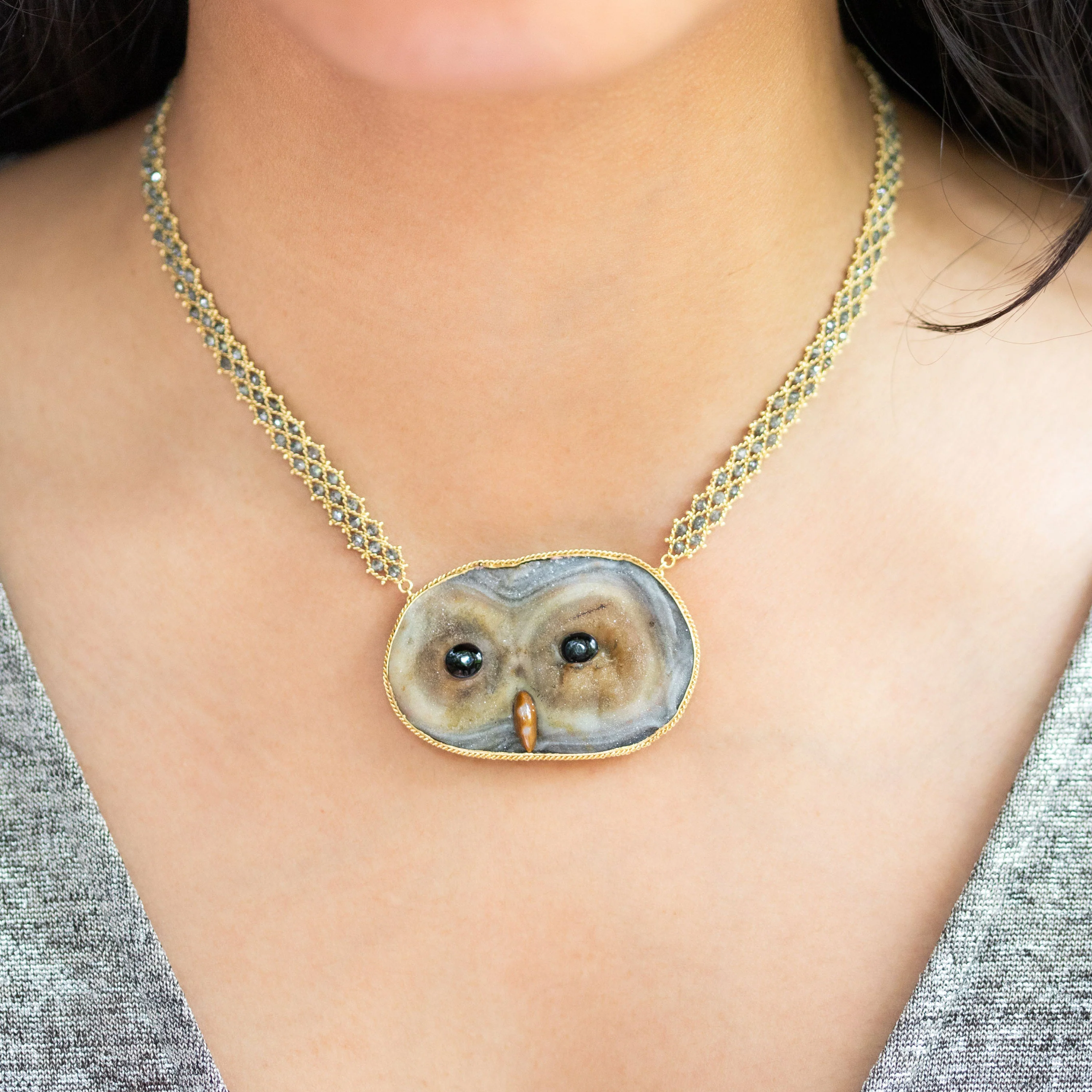 Sand Rose, Mother of Pearl, Onyx, Grey Diamond 18k One-of-a-Kind Owl Necklace - Image 3