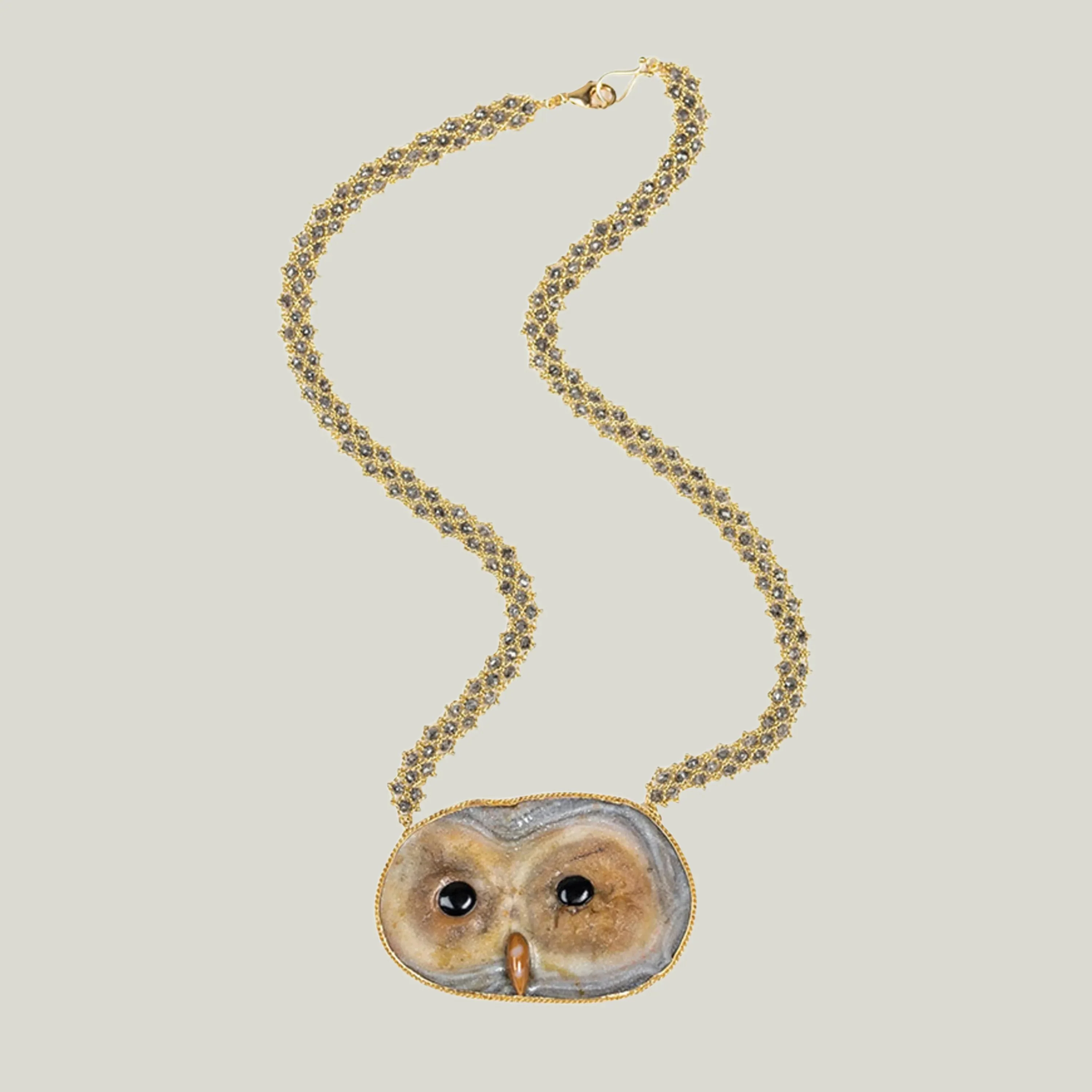 Sand Rose, Mother of Pearl, Onyx, Grey Diamond 18k One-of-a-Kind Owl Necklace - Image 4