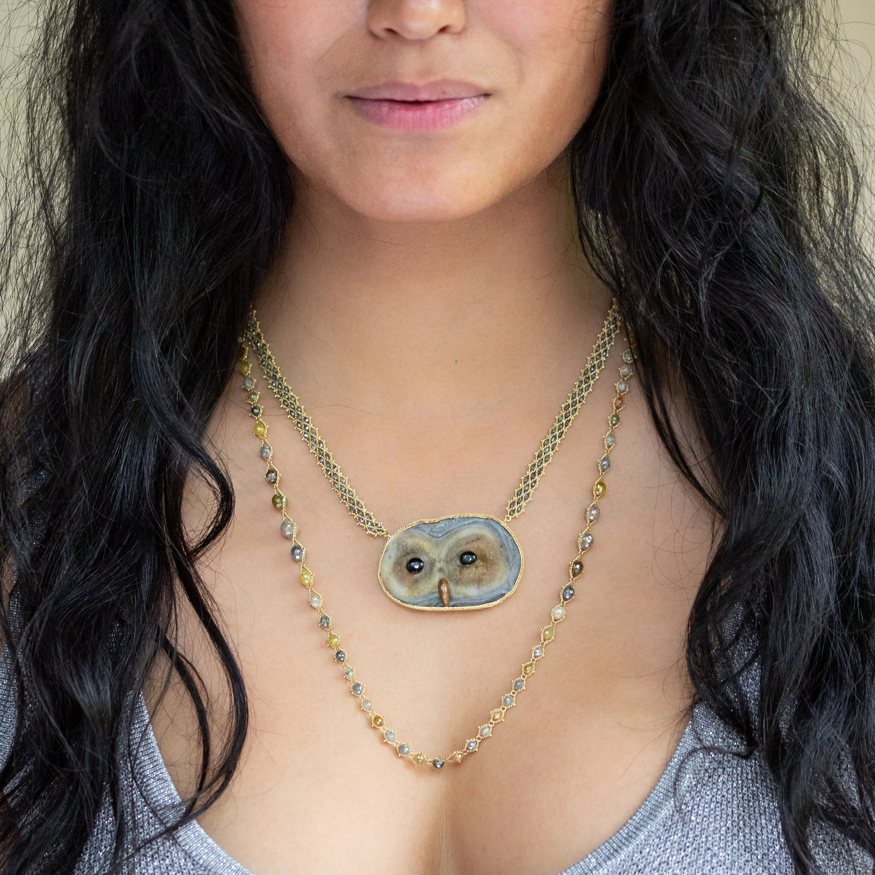 Sand Rose, Mother of Pearl, Onyx, Grey Diamond 18k One-of-a-Kind Owl Necklace - Image 5