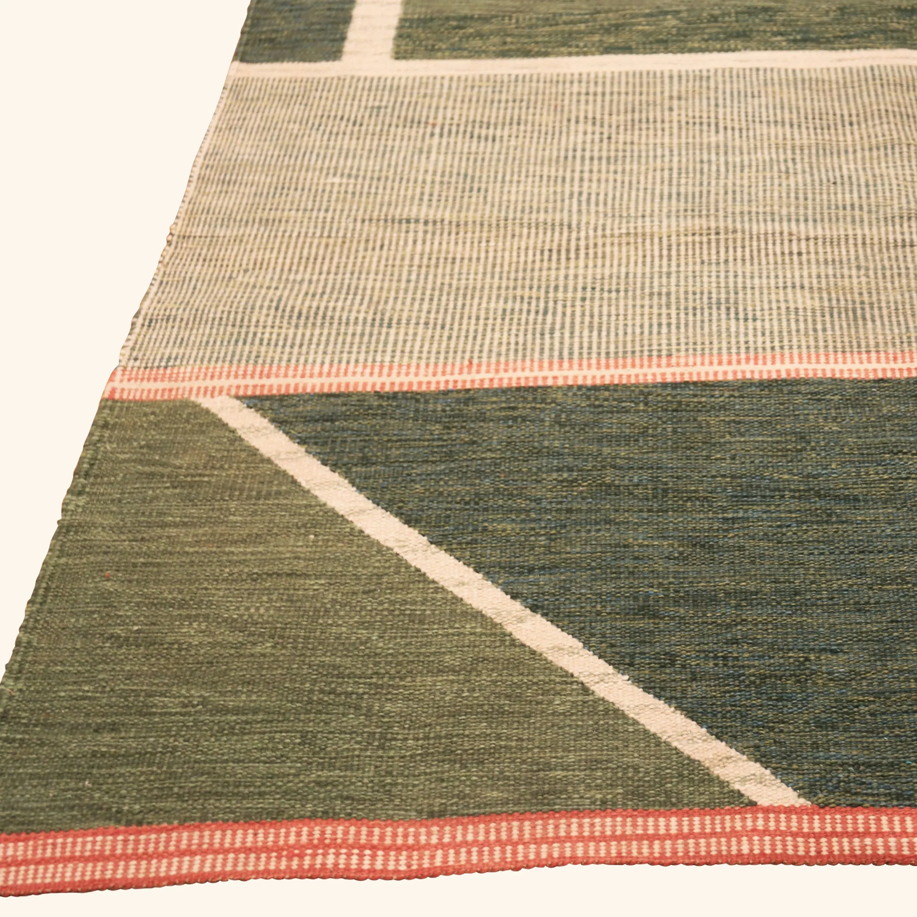 Green Geometric Swedish Style Wool Kilim Rug - 10' x 13'10" - Image 3