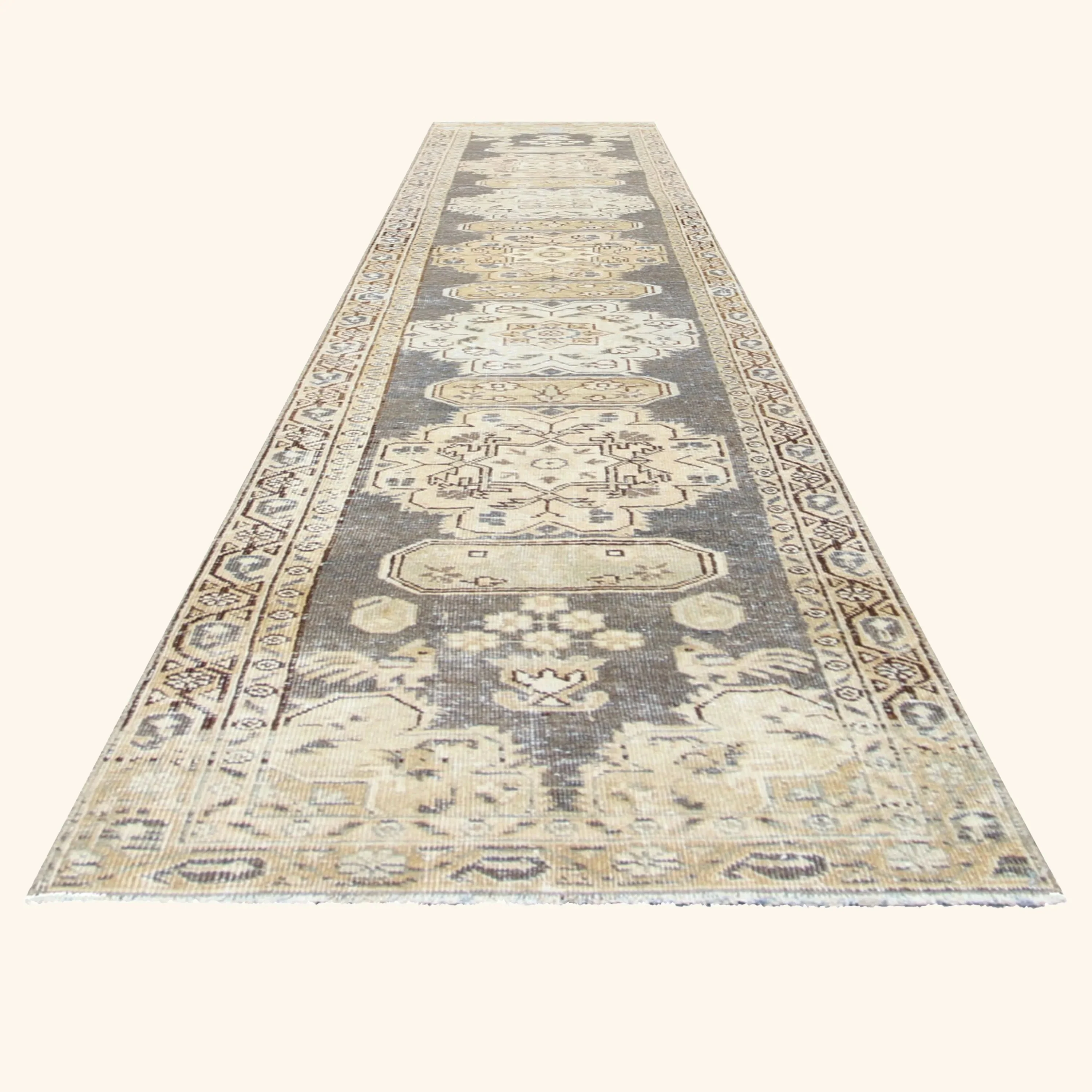 Taupe Vintage Antique Traditional Heriz Wool Runner - 2'1" x 11'1" - Image 4