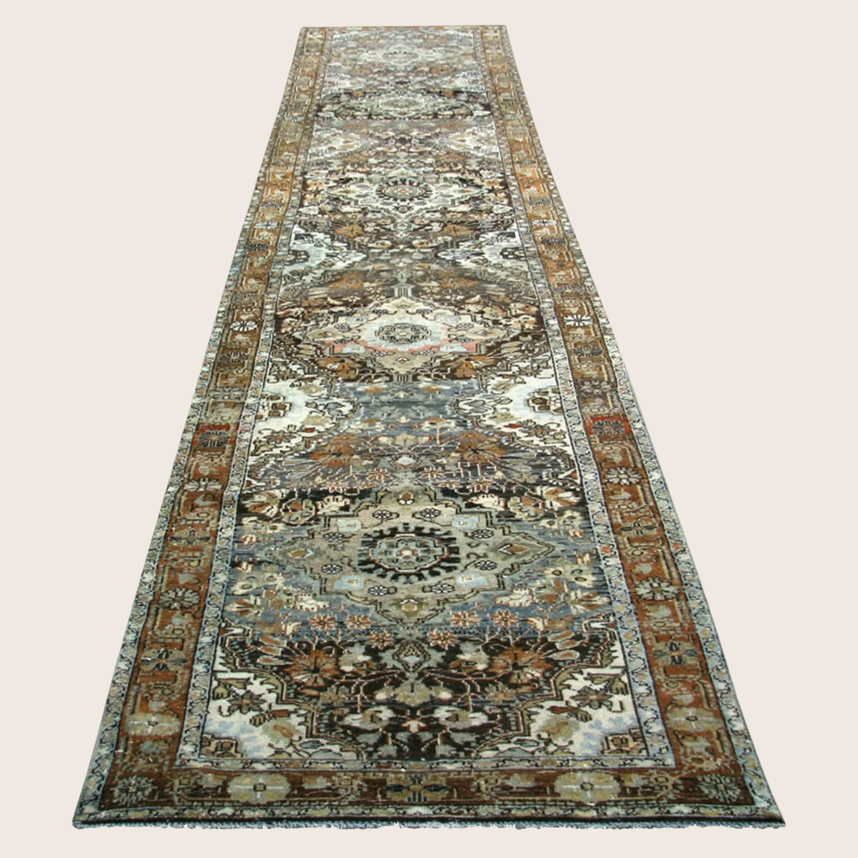 Brown Blue Vintage Antique Traditional Melayer Wool Runner - 3'1" x 16'3" - Image 5