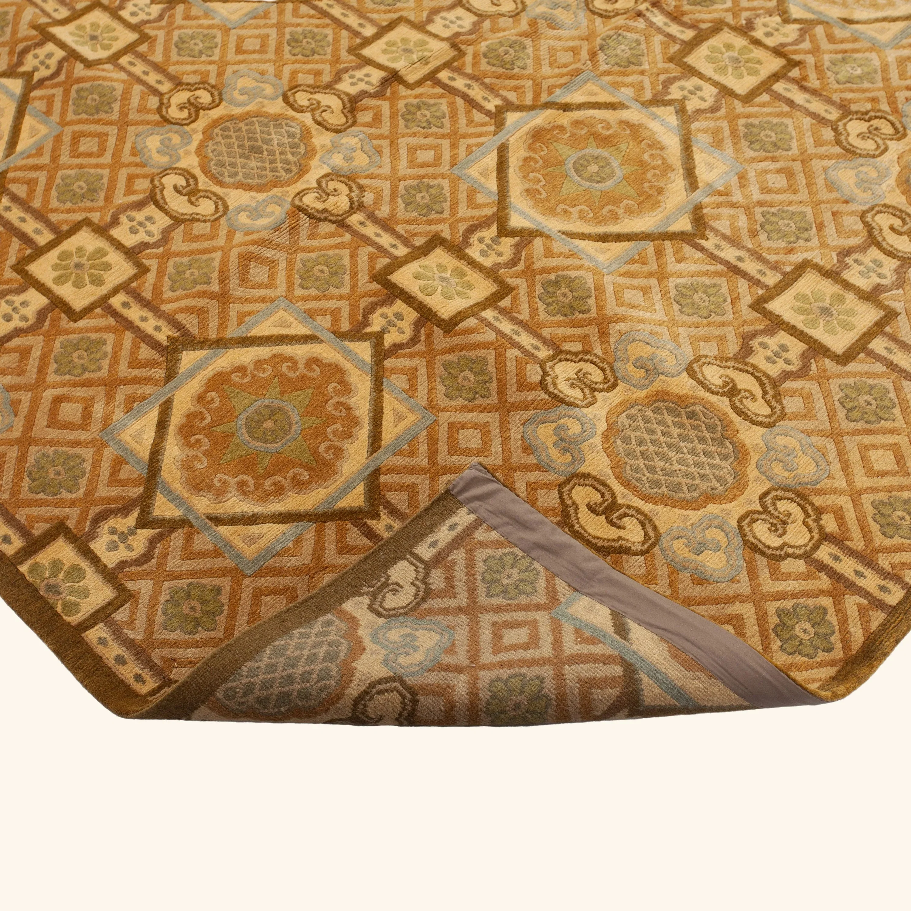 Gold Traditional Tibetan Wool Silk Blend Rug - 8'3" x 9'10" - Image 4