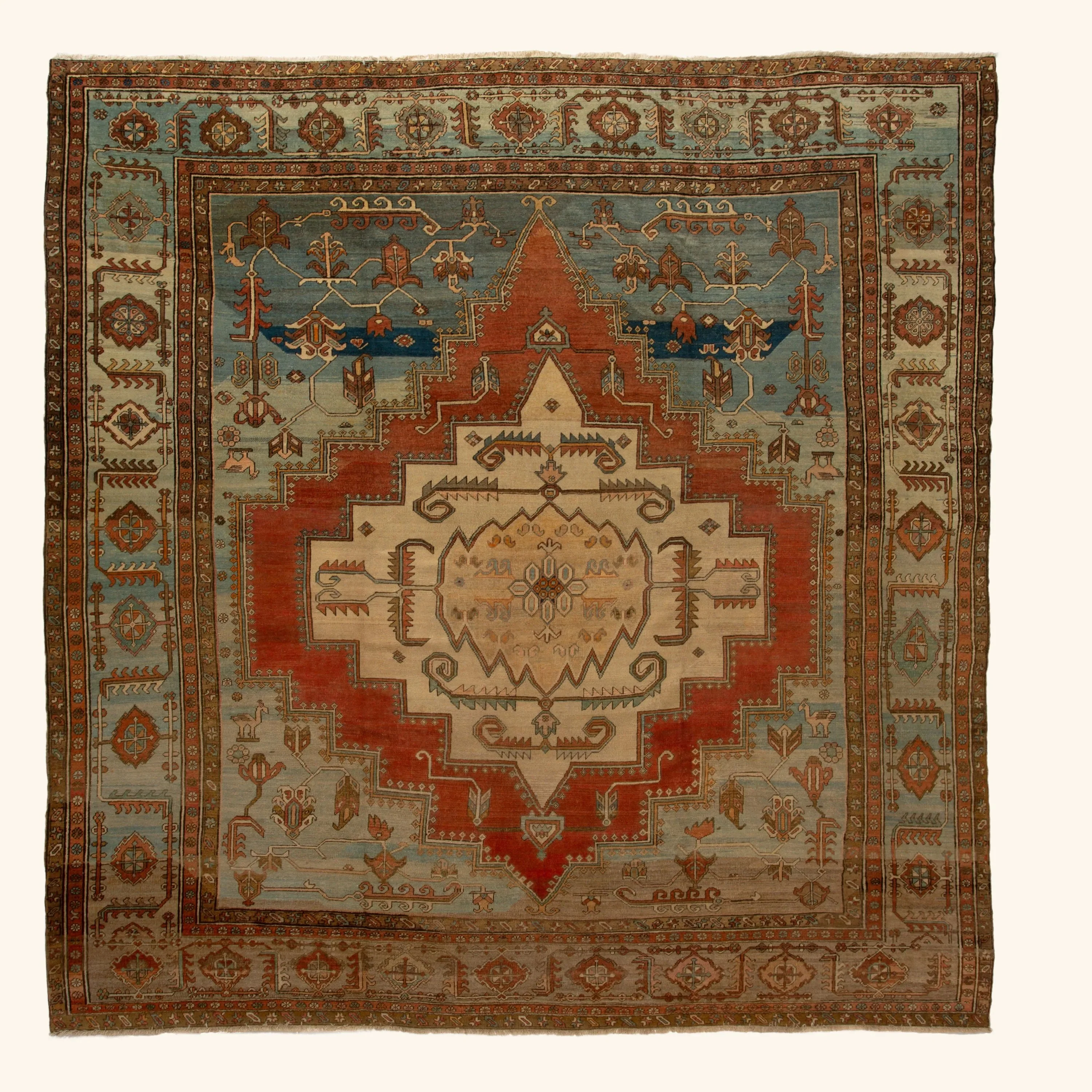 Light Blue and Orange Antique Persian Rug - 12'6" x 13'