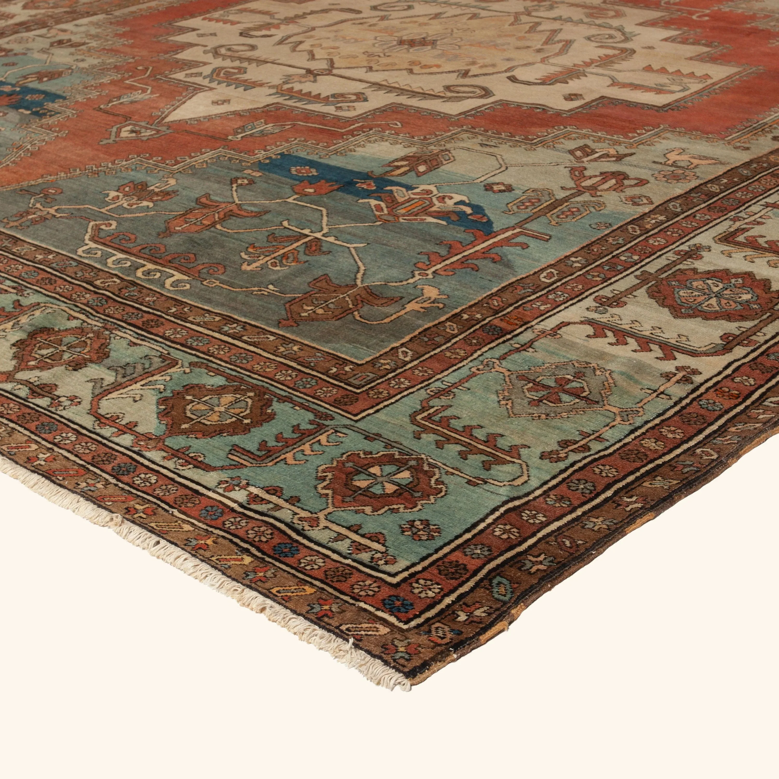 Light Blue and Orange Antique Persian Rug - 12'6" x 13' - Image 3