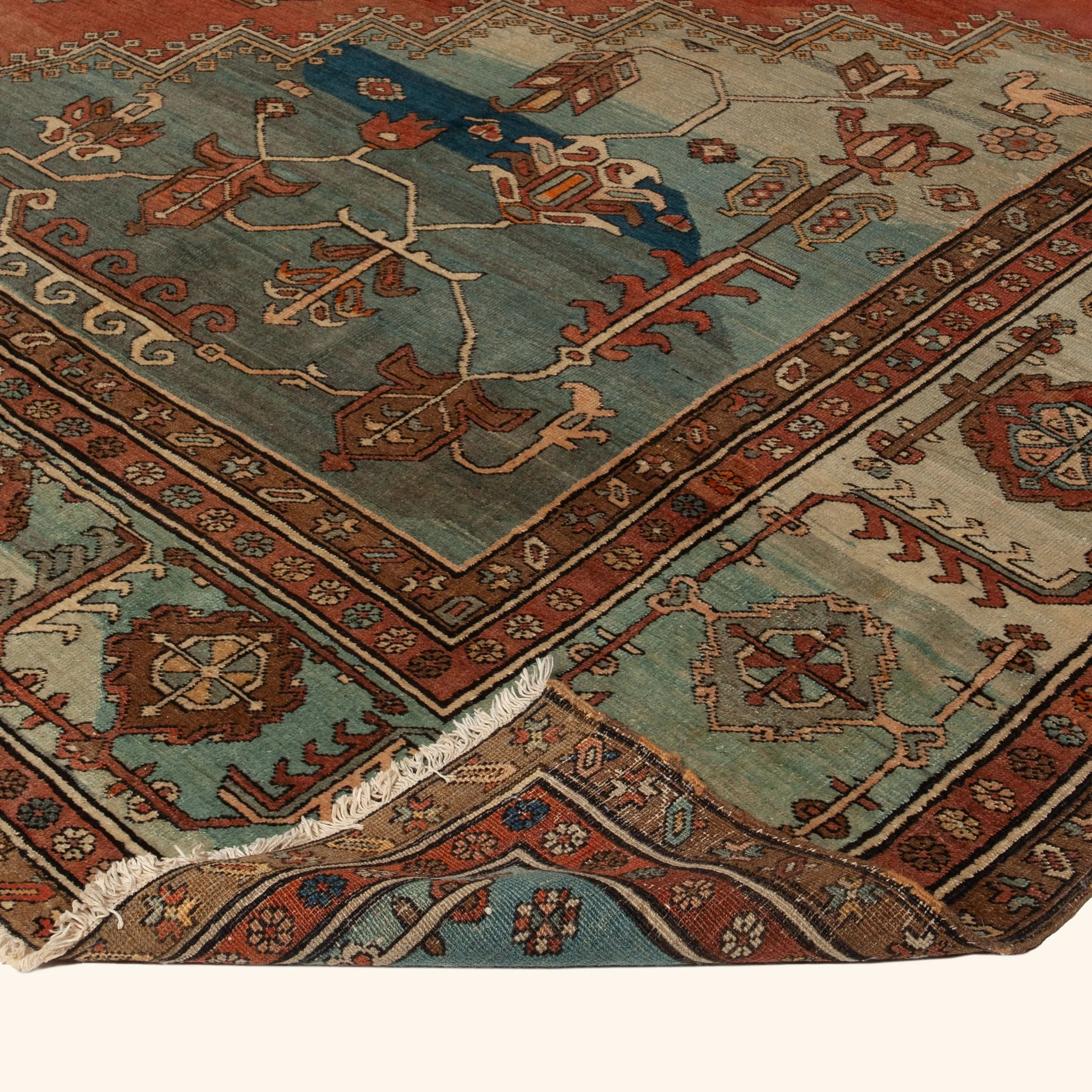 Light Blue and Orange Antique Persian Rug - 12'6" x 13' - Image 4