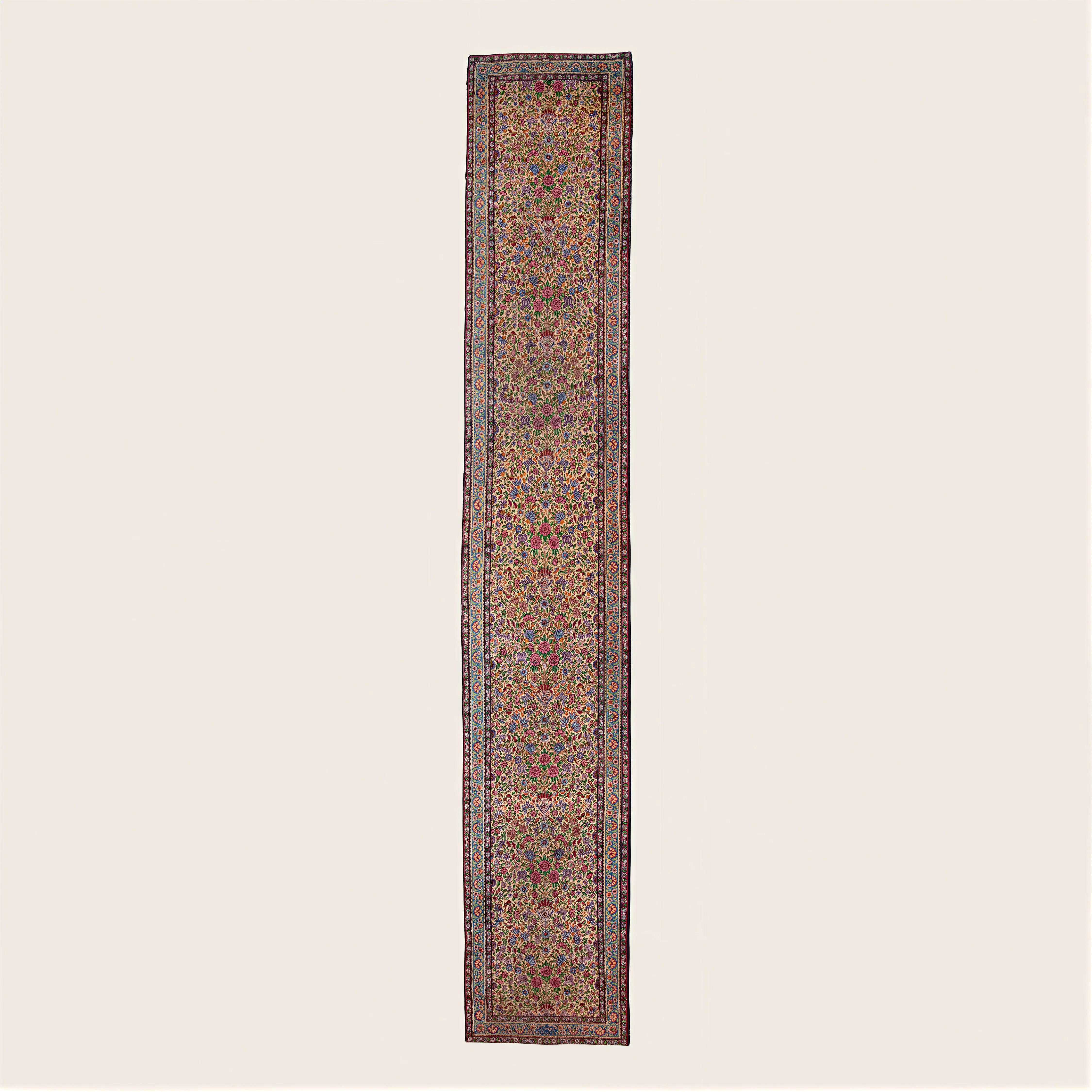 Multicolored Antique Persian Kerman Wool Runner - 3' x 17'4"