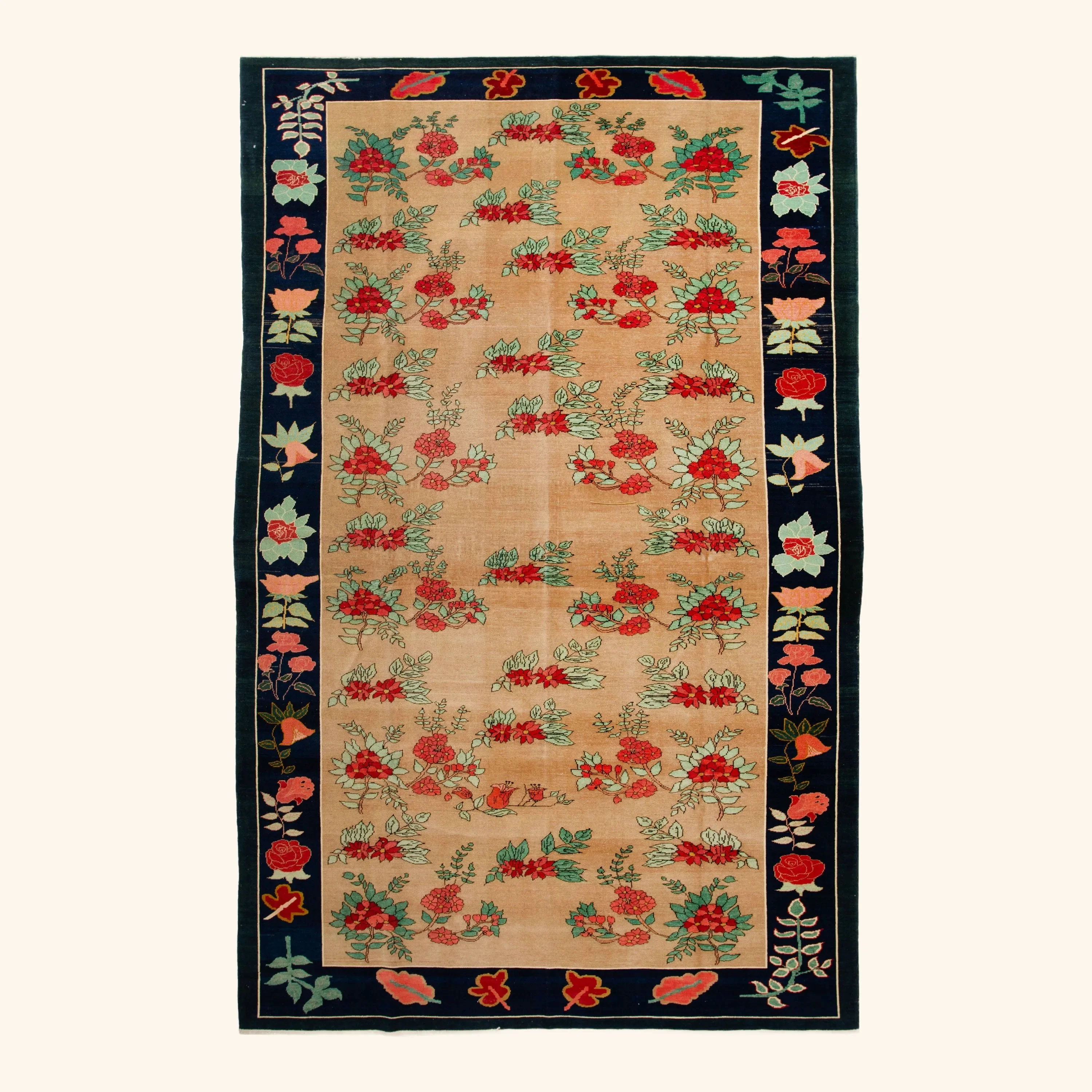 Beige & Black Vintage Turkish Rug - 7'11" x 13'