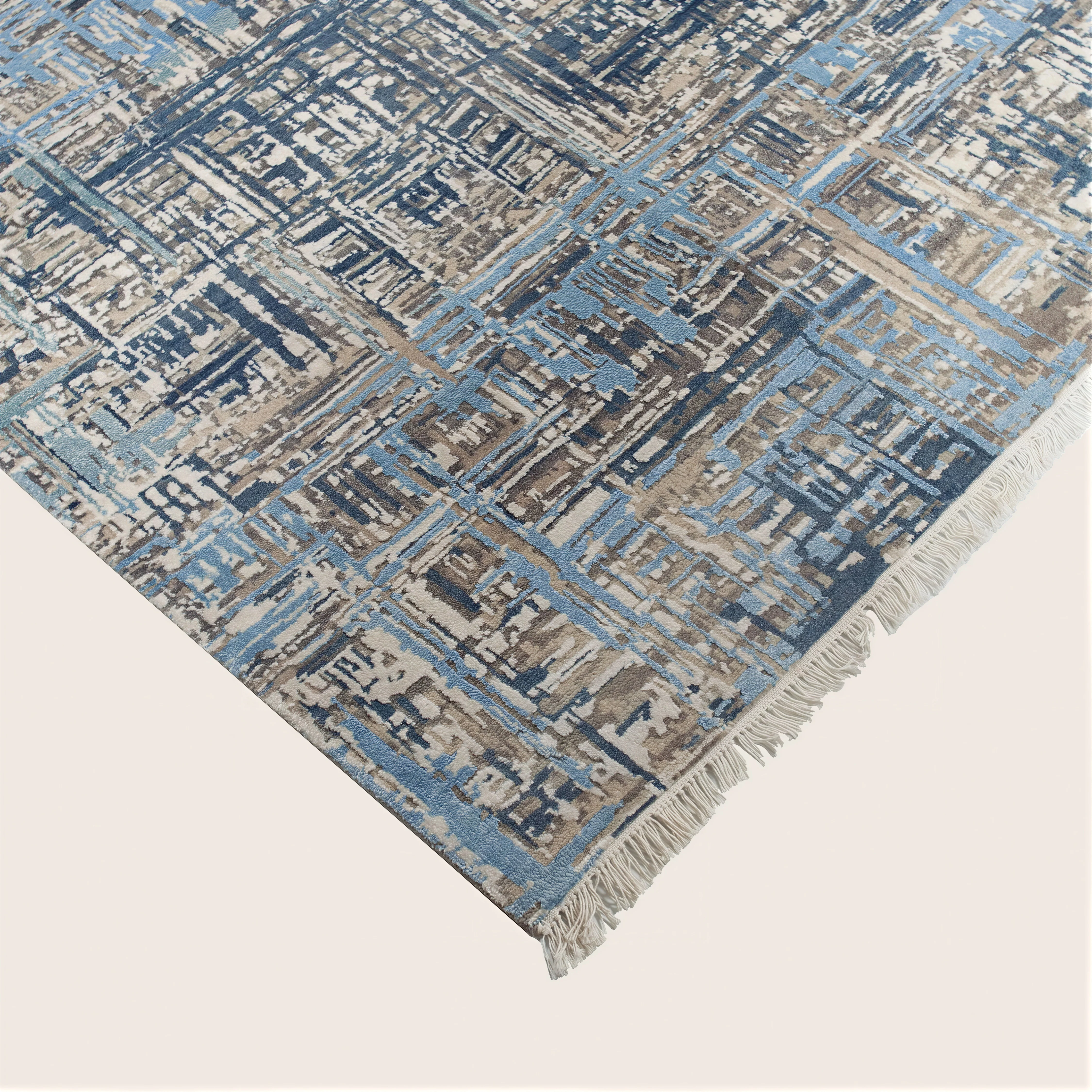Blue Grey Contemporary Wool Art Silk Blend Rug - 4'2" x 6'1" - Image 3