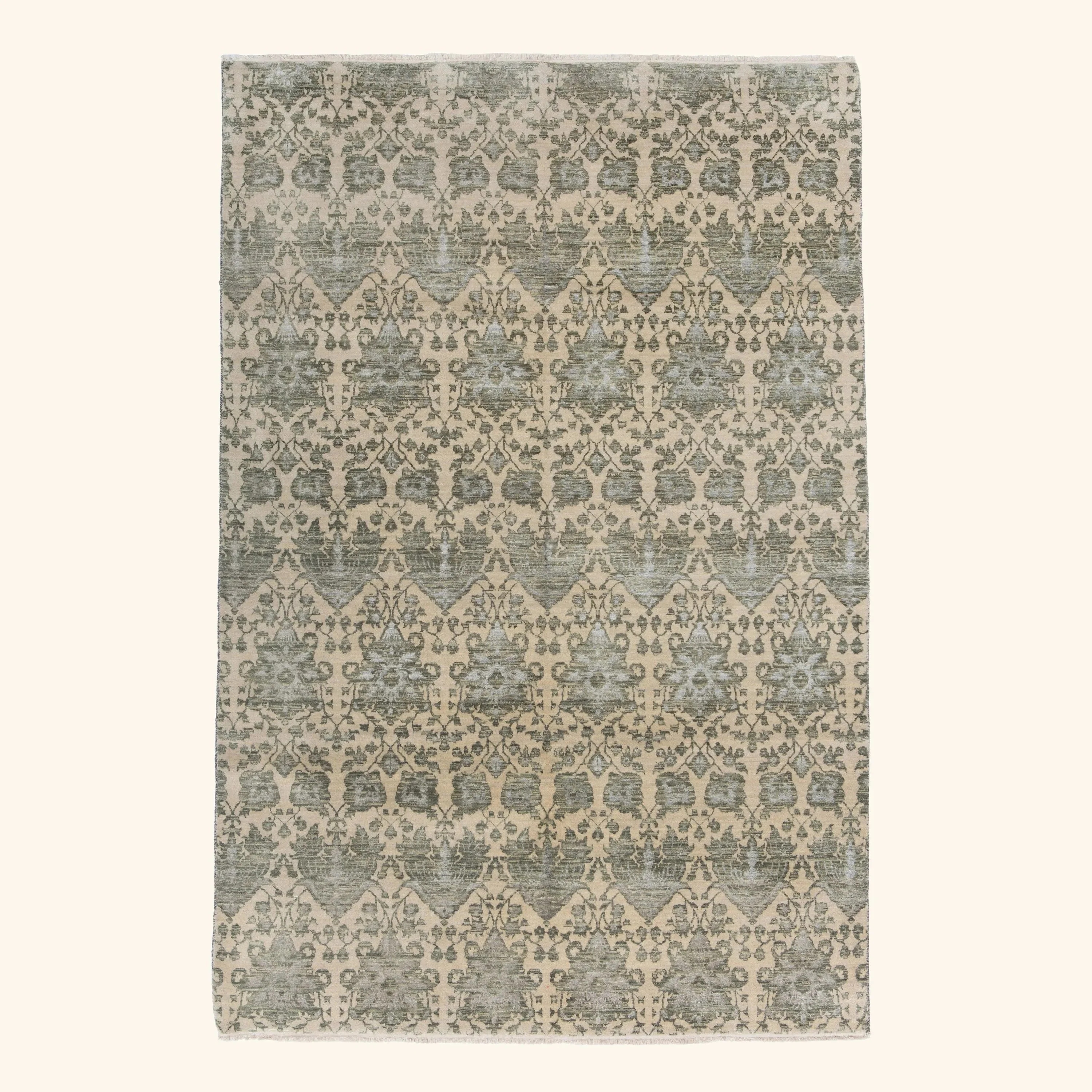Beige Green Transitional Wool Art Silk Blend Rug - 6'1" x 9'2"