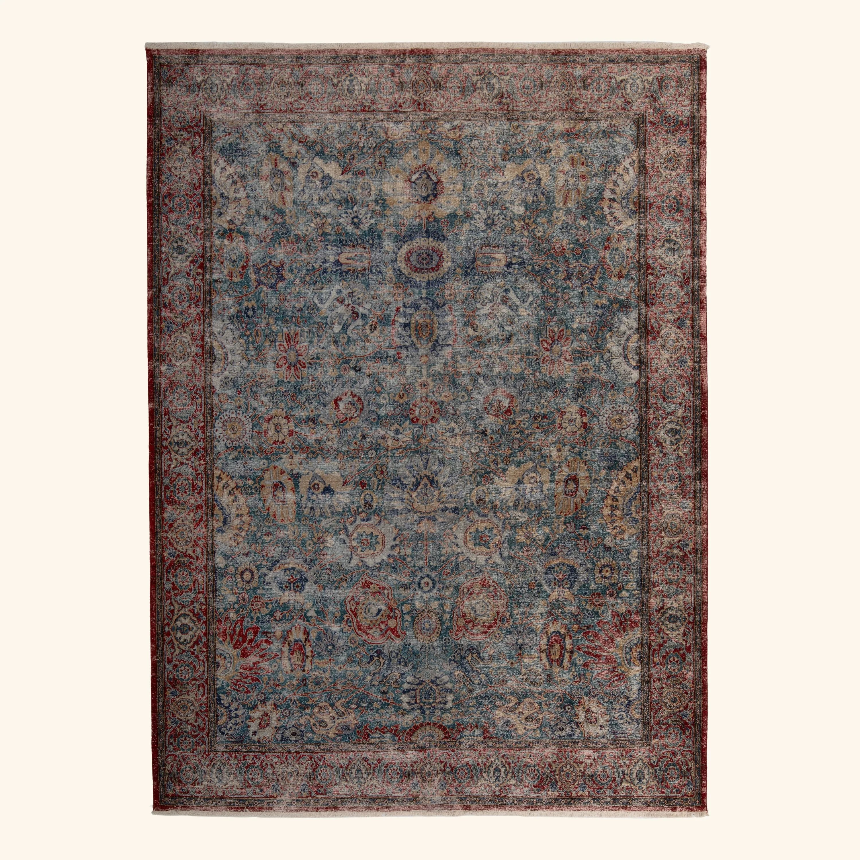 Blue Sabideh and Red Distressed Traditional Wool Rug - 9' x 12'