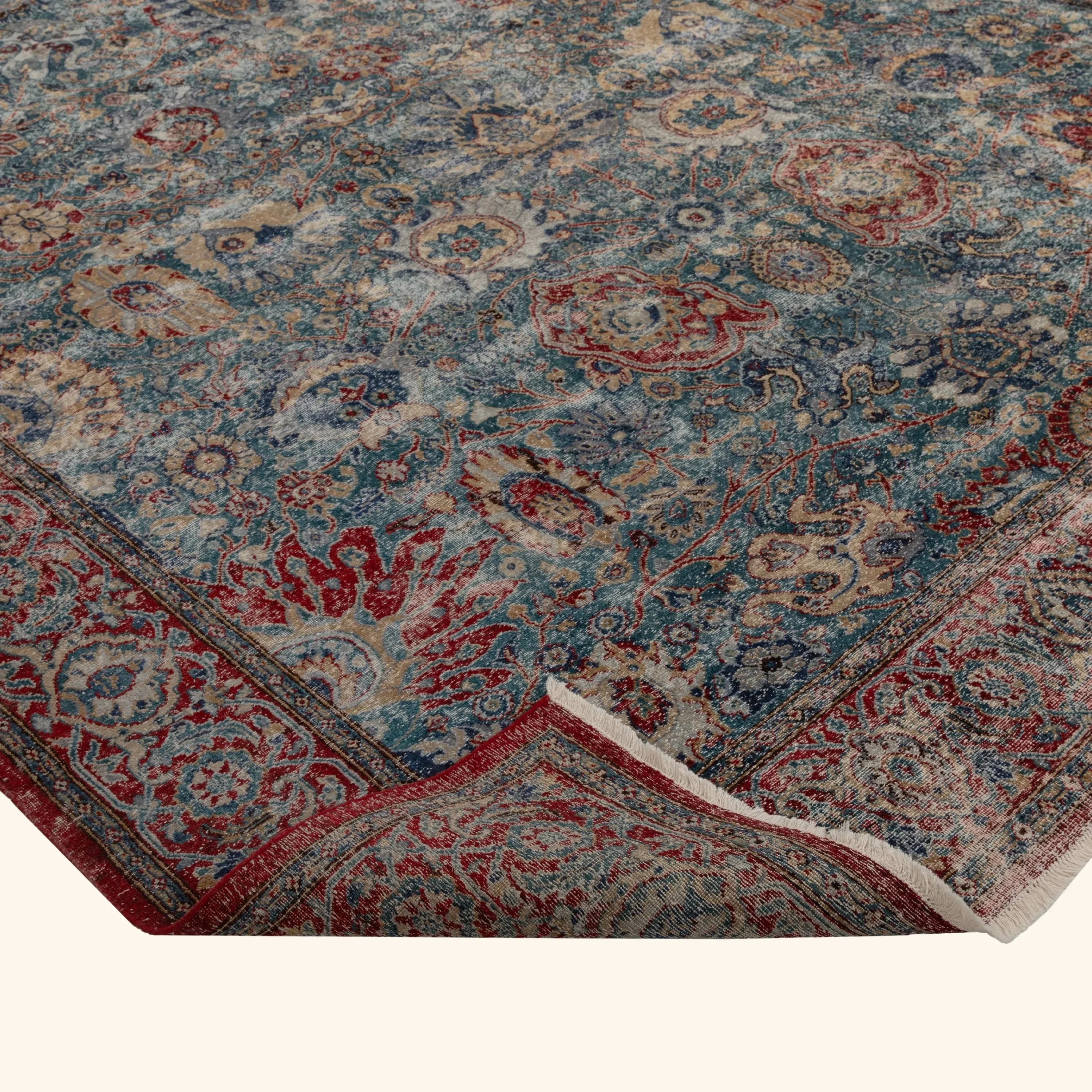 Blue Sabideh and Red Distressed Traditional Wool Rug - 9' x 12' - Image 5