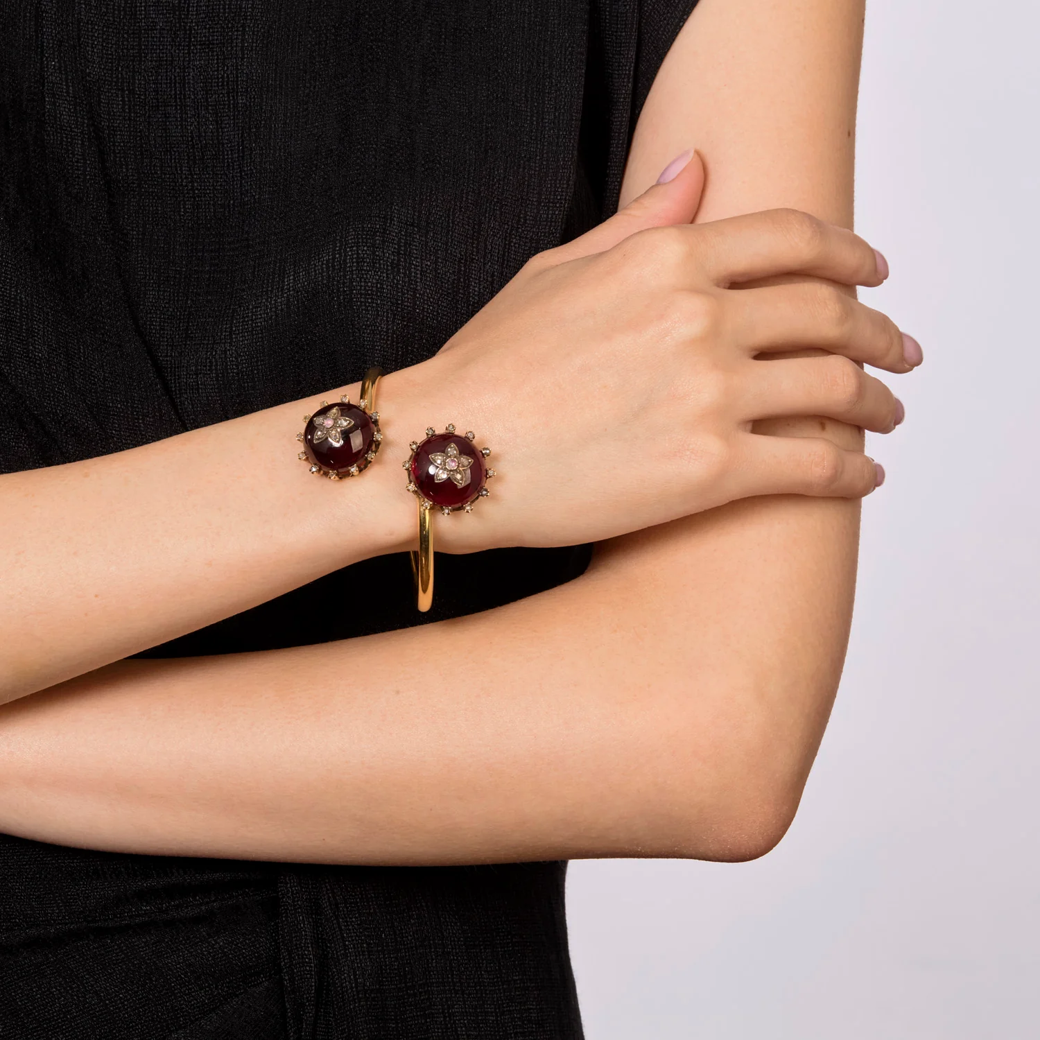Victorian 1880 Garnet, Diamond and Opal Floral Bypass Bangle - Image 2